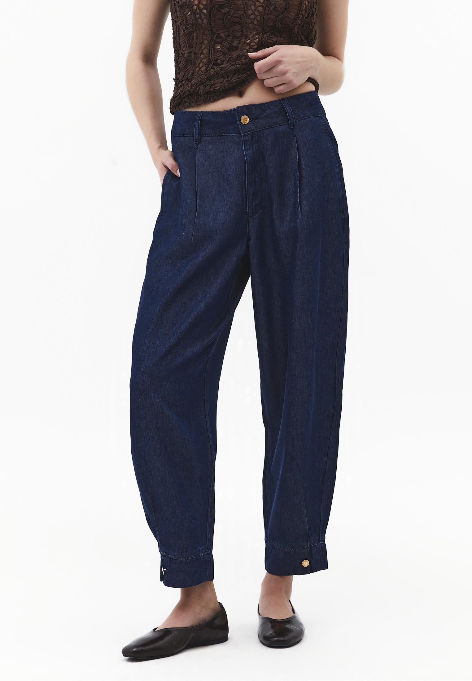 Balloon Cut Pleated Pants - MID BLUE DENIM