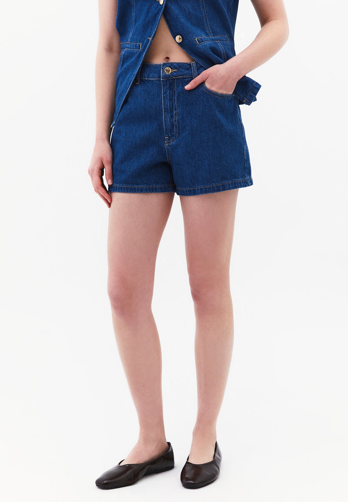 High Waist Five Pocket Shorts - MID BLUE DENIM