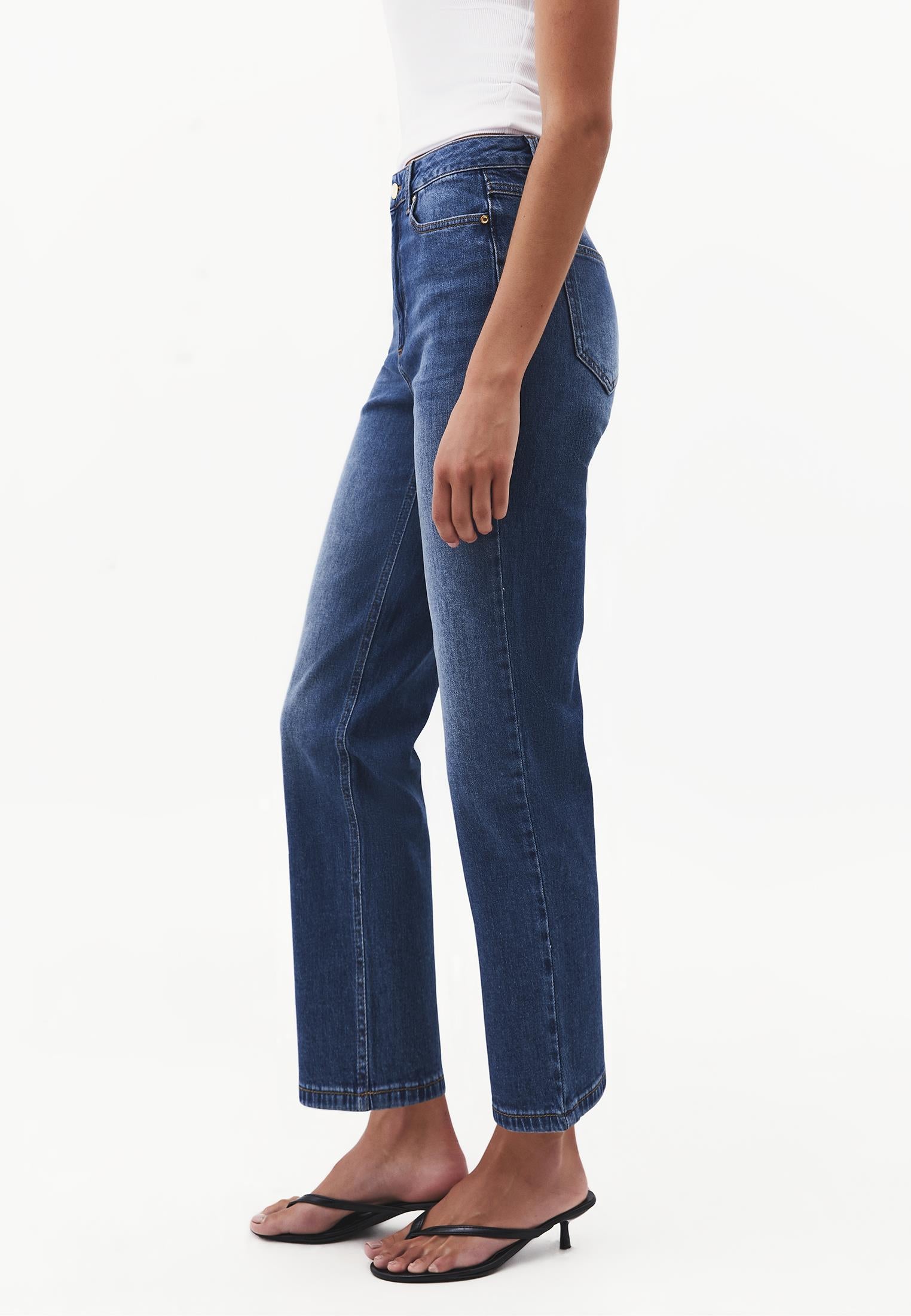 High Waist Straight Trousers With Pocket Detail - MID BLUE DENIM