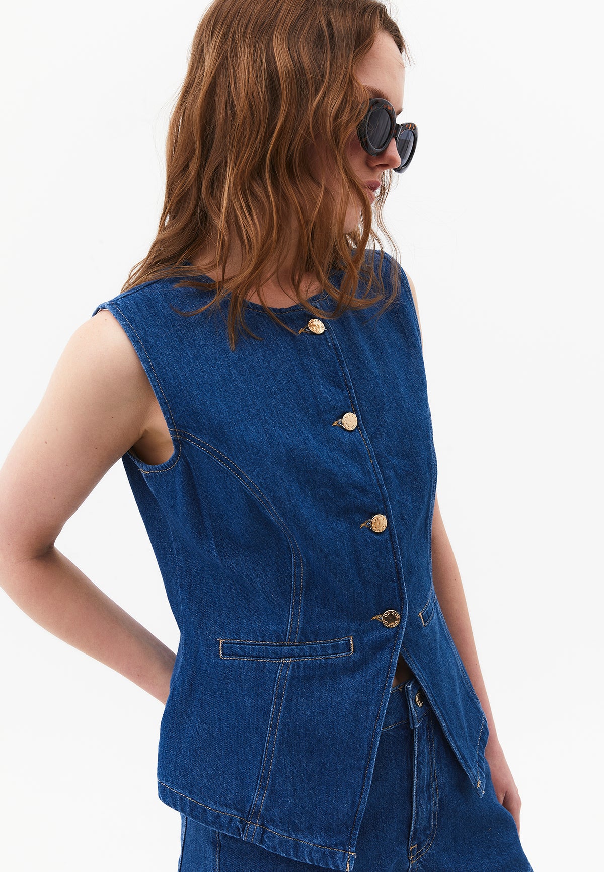 Button Detailed Denim Vest - MID BLUE DENIM