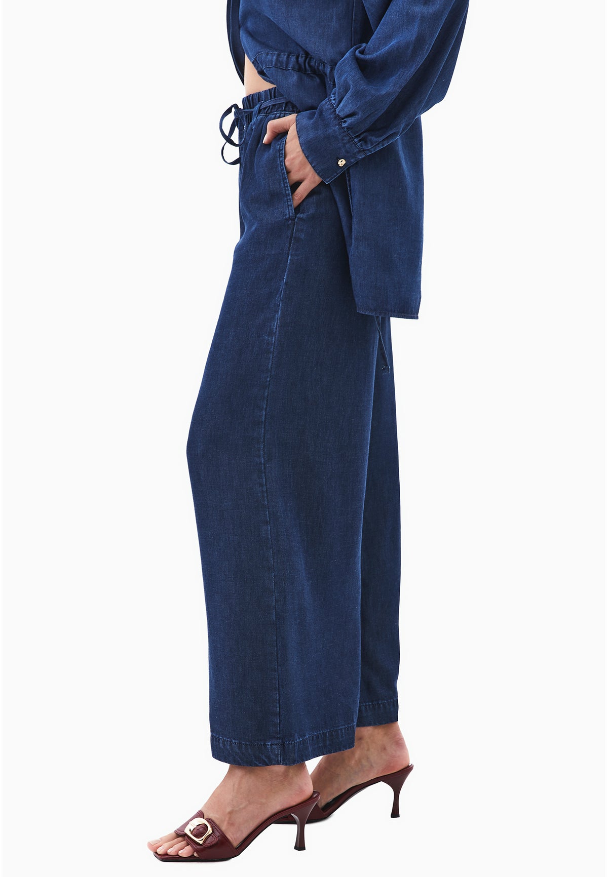 Elastic Waist Wide Leg Denim Pants - Blue