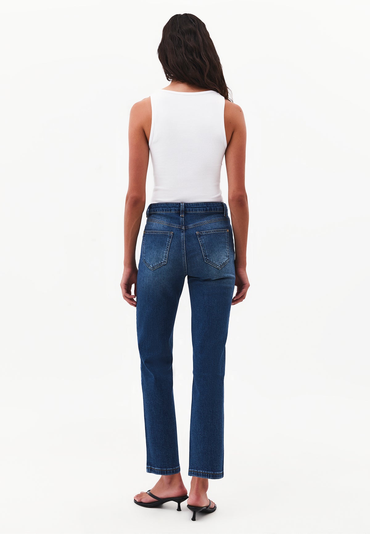 High Waist Straight Trousers With Pocket Detail - MID BLUE DENIM
