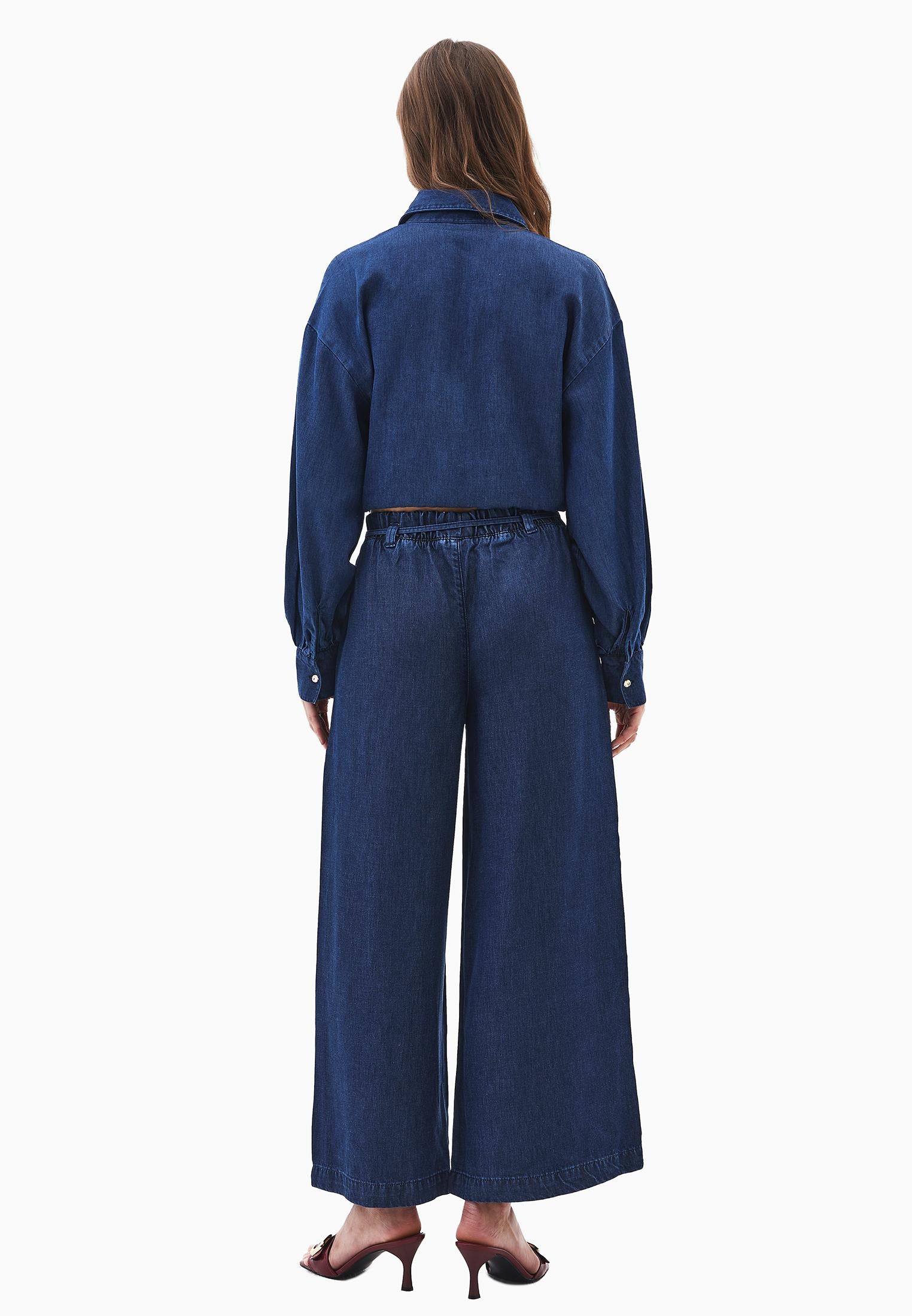 Elastic Waist Wide Leg Denim Pants - MID BLUE DENIM