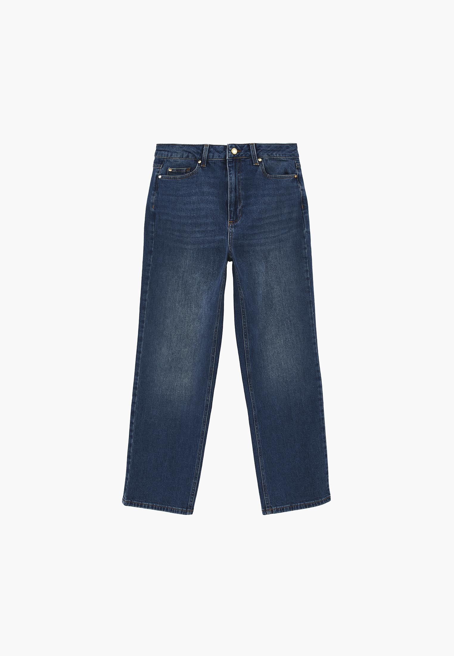 High Waist Straight Trousers With Pocket Detail - MID BLUE DENIM