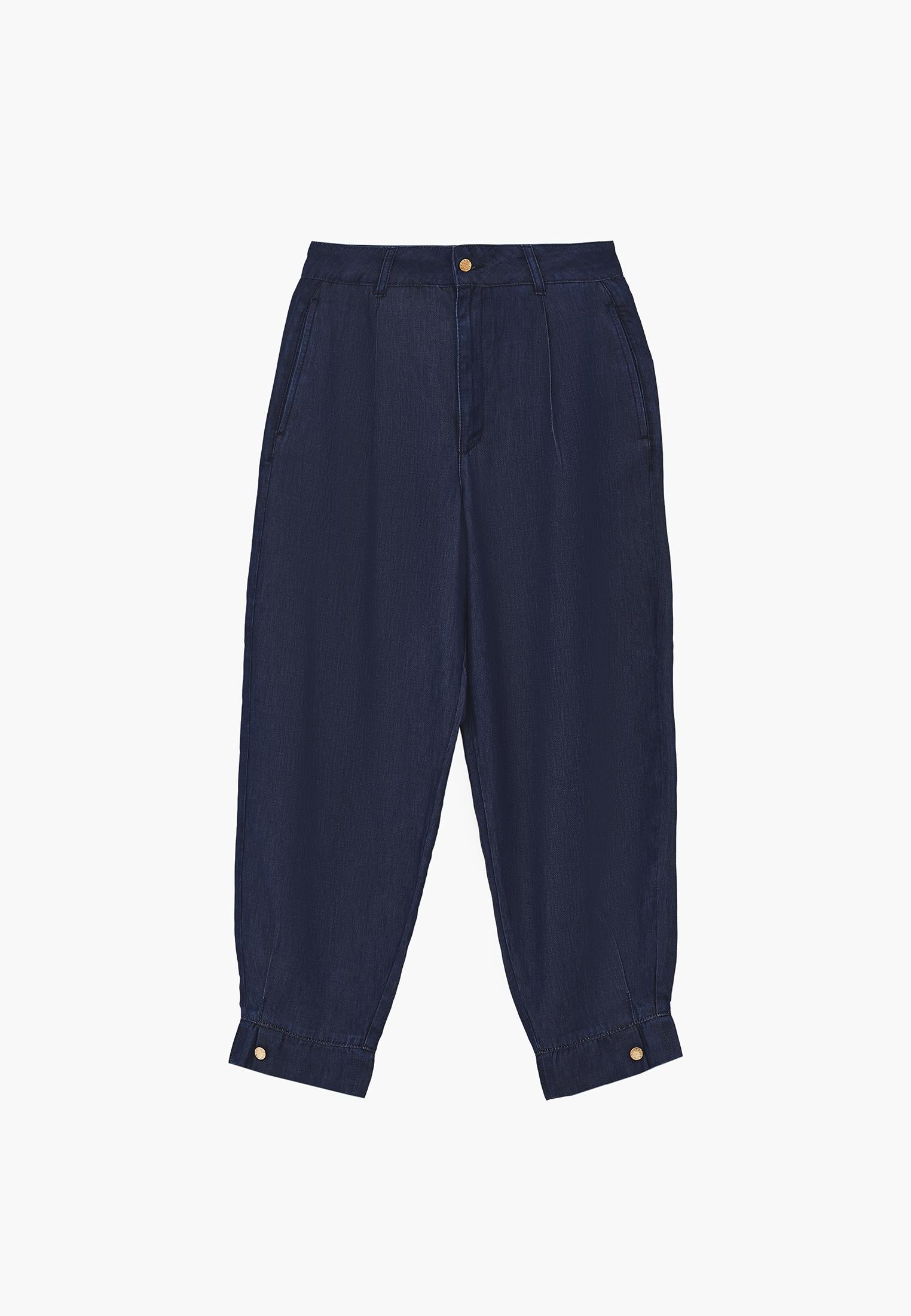 Balloon Cut Pleated Pants - MID BLUE DENIM