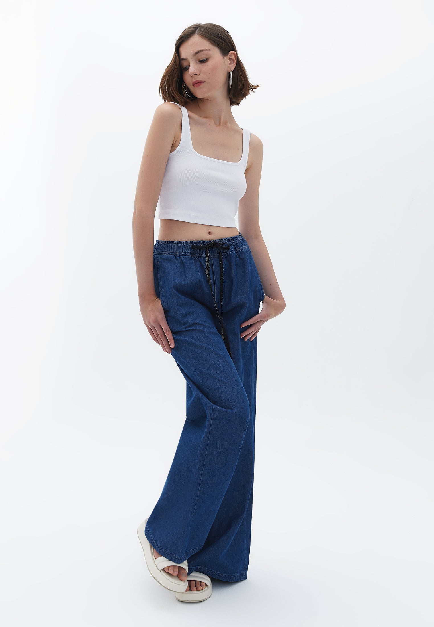 Cotton wide leg trousers - MID DENIM
