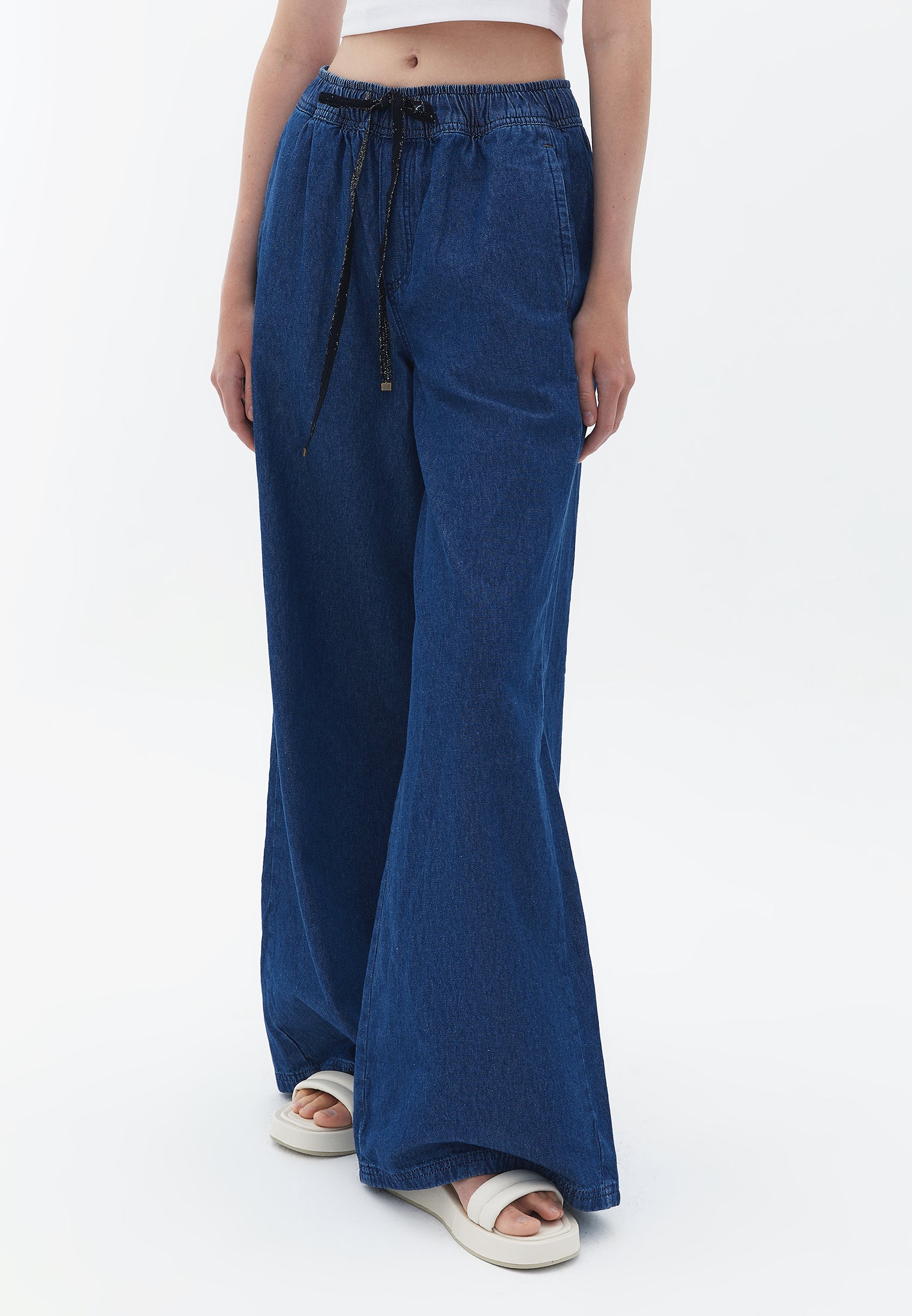 Cotton wide leg trousers - MID DENIM