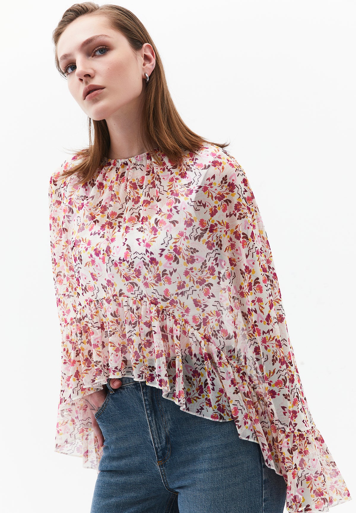 Kimono With Ruffle Details And Bateau Neck - MIX COMB