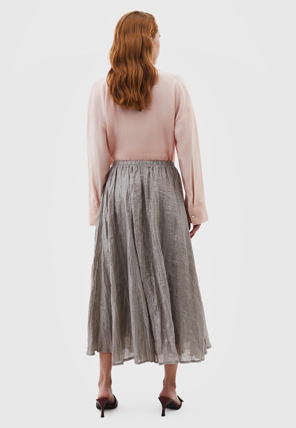 Shiny Flared Long Skirt - Grey