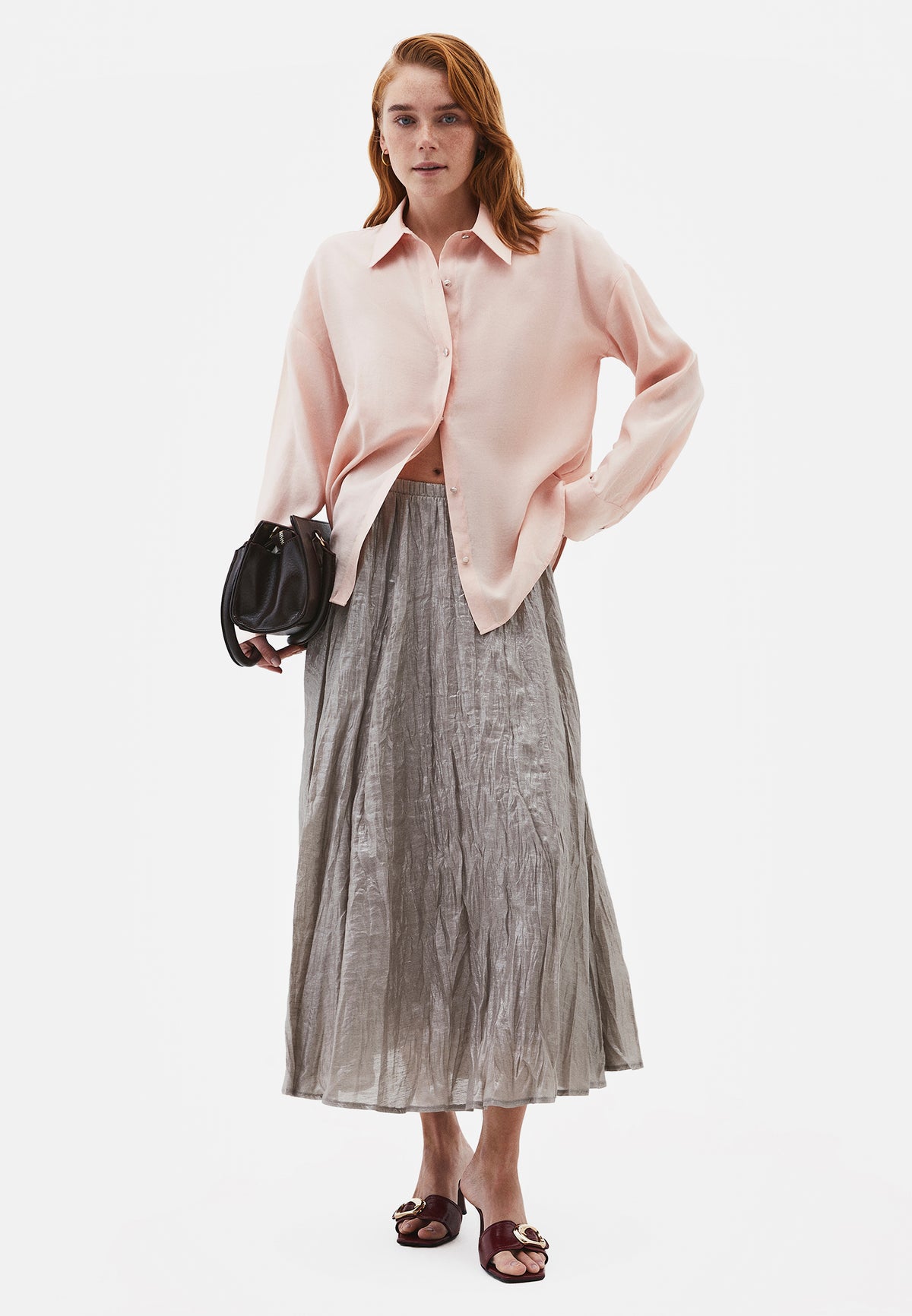 Shiny Flared Long Skirt - Grey