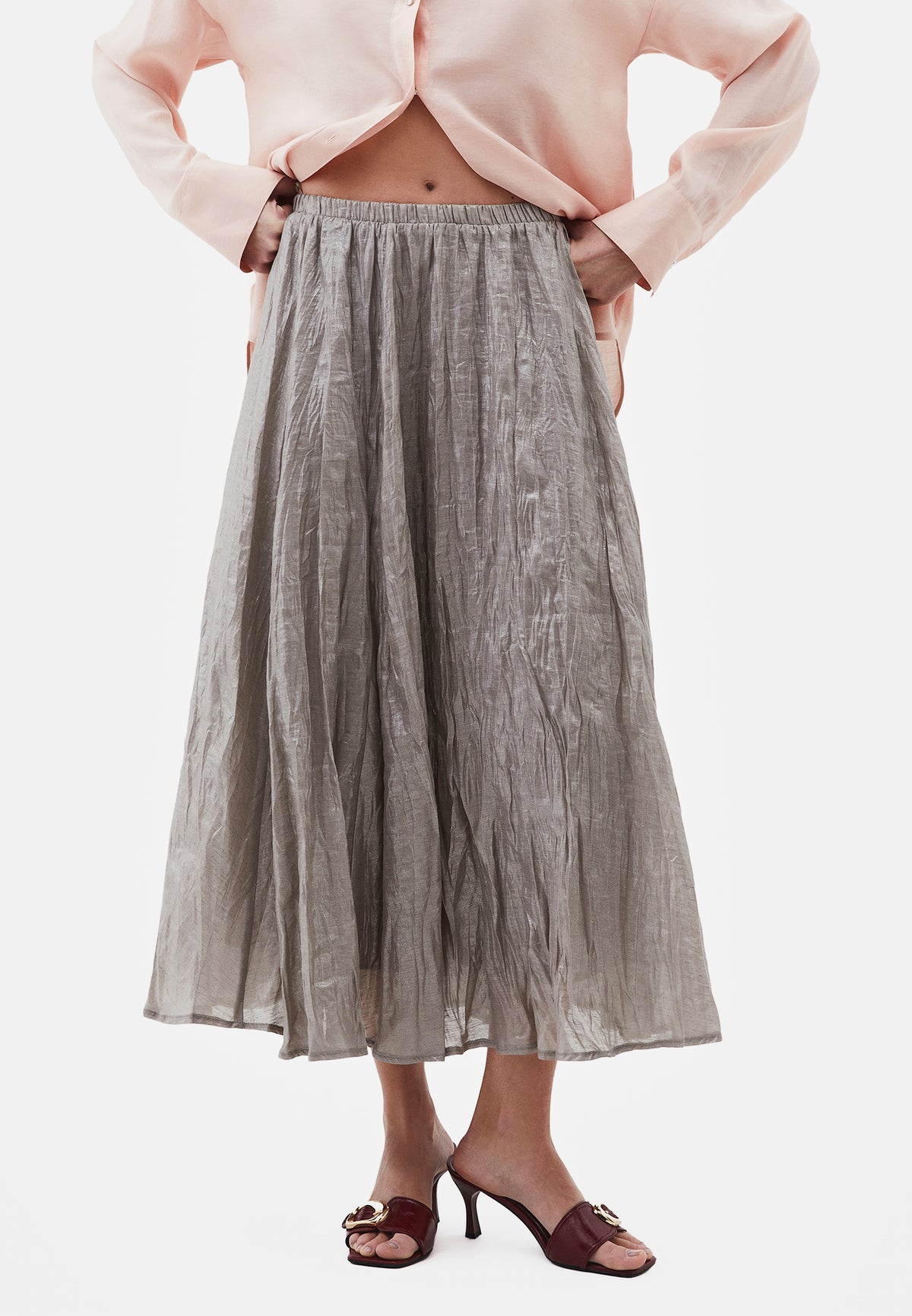 Shiny Flared Long Skirt - Grey
