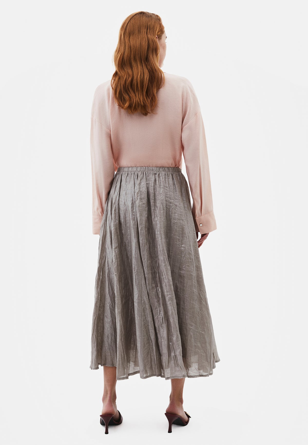 Shiny Flared Long Skirt - Grey