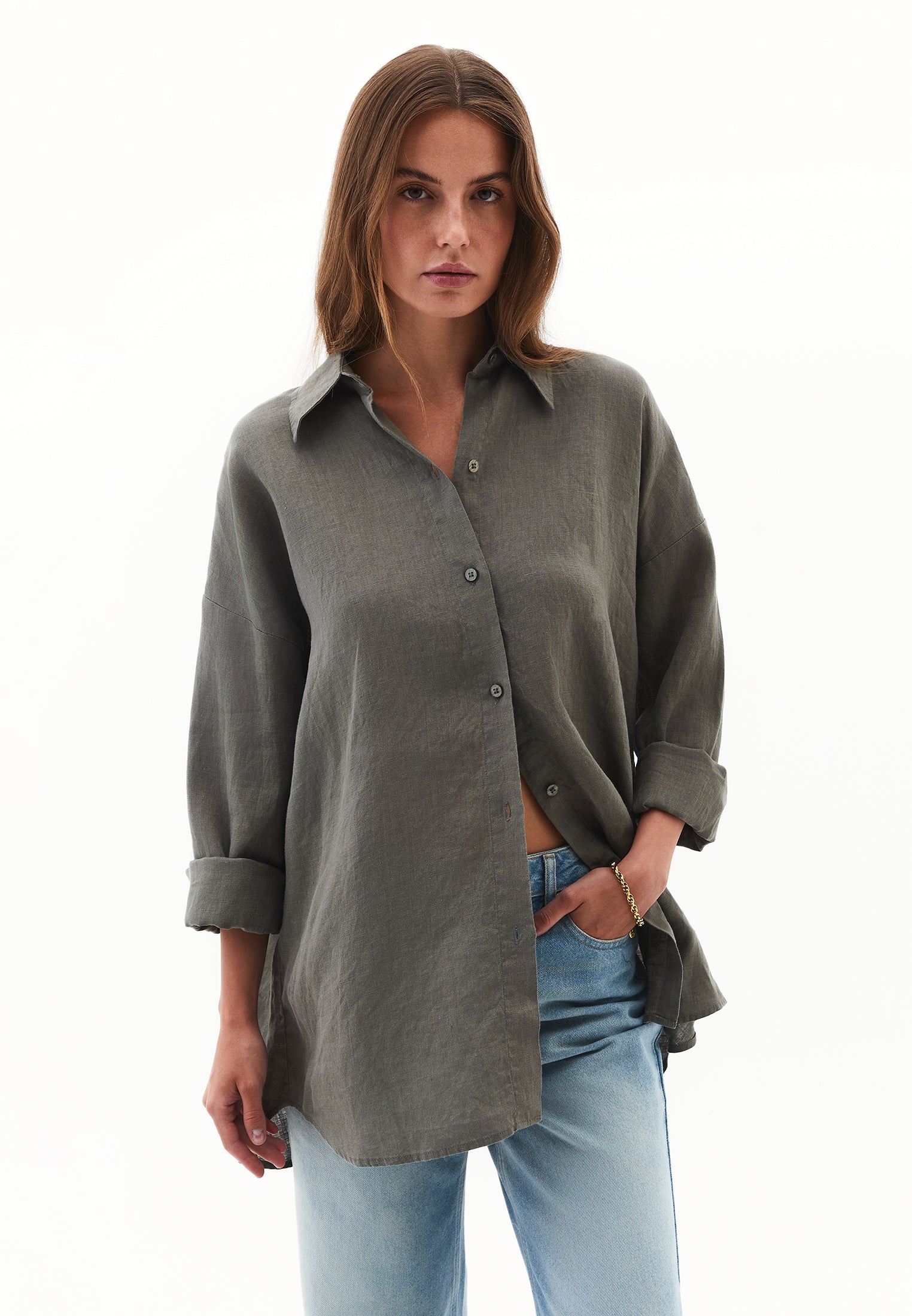 Large mold button linen shirt - MULLED BASIL