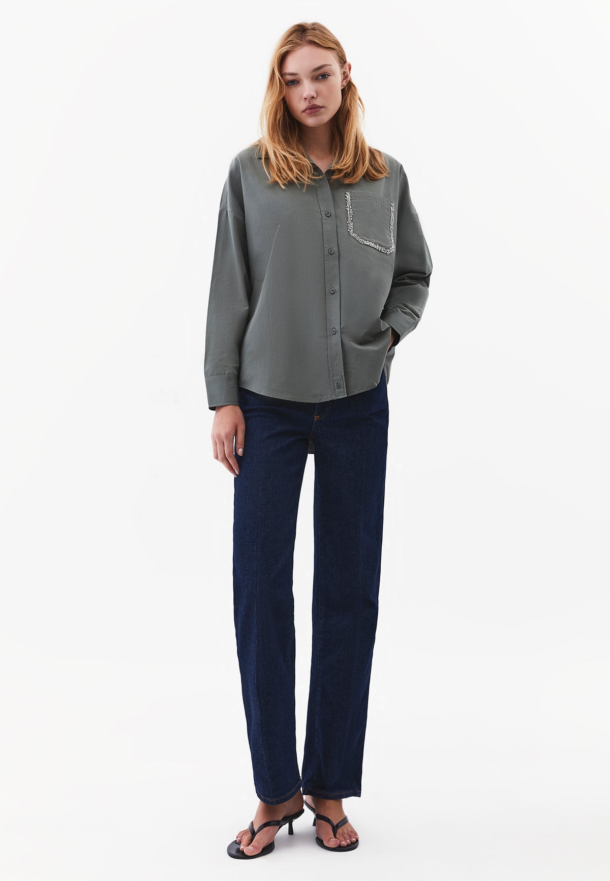 Oversized Shirt with Stone Details - Green