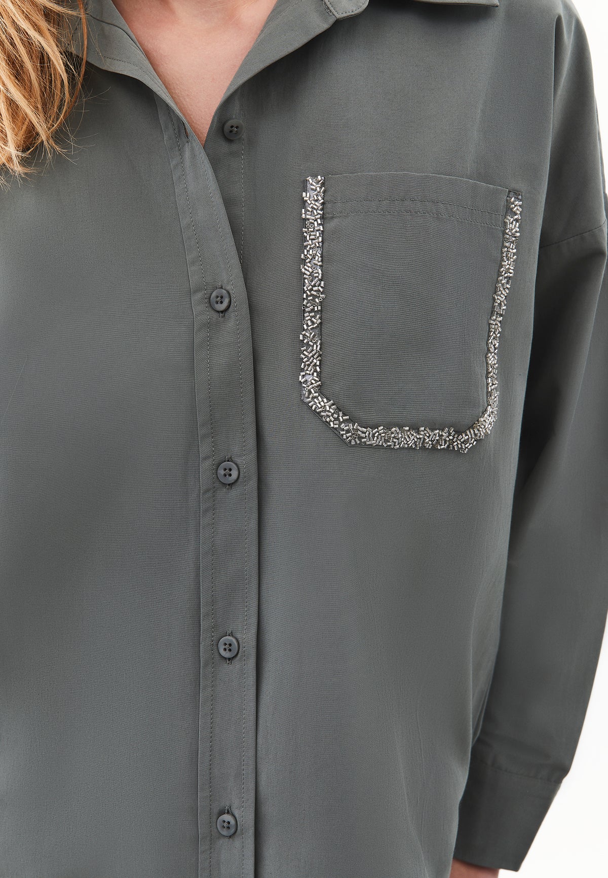 Oversized Shirt with Stone Details - Green