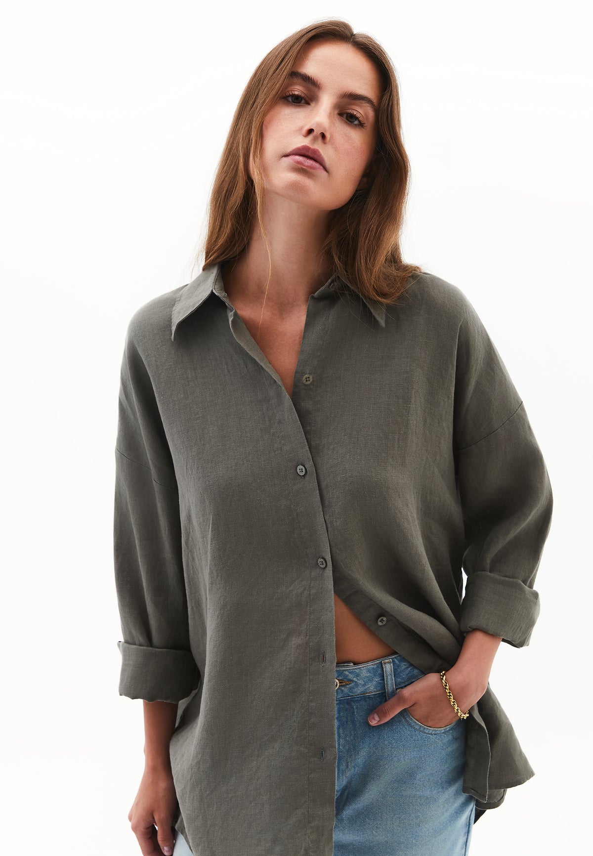 Linen Shirt With Large Fit And Buttons - Green