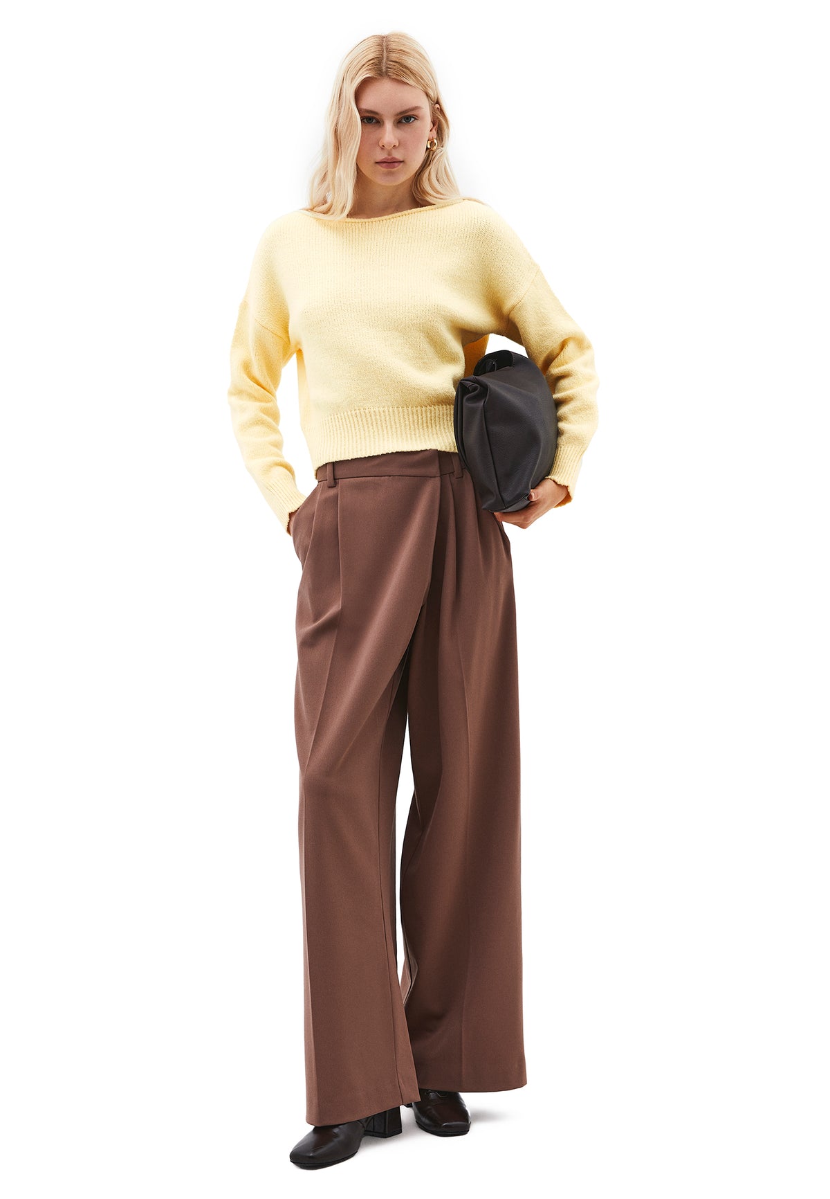 High Waist Asymmetric Wide Leg Pants - Brown