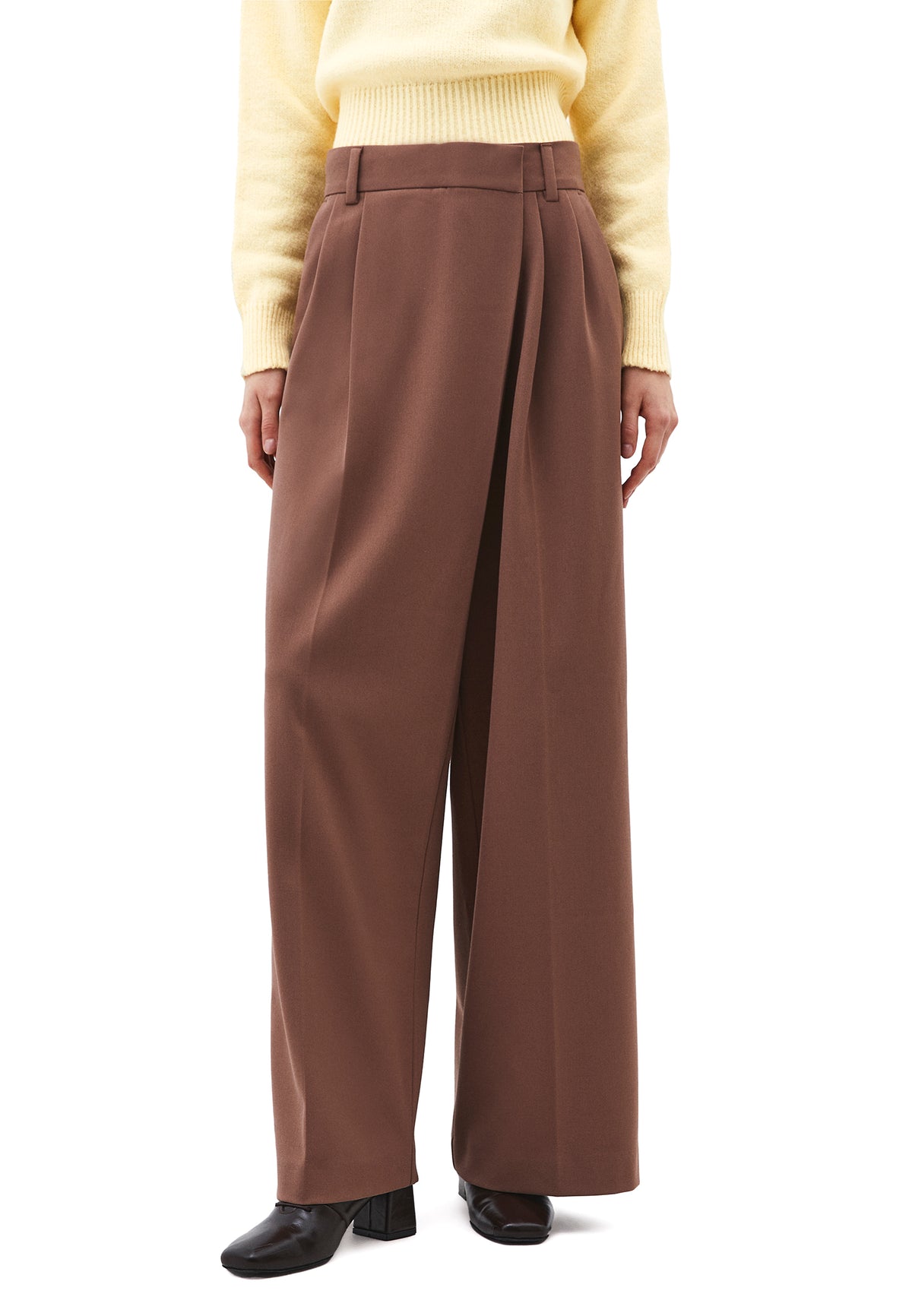High Waist Asymmetric Wide Leg Pants - Brown
