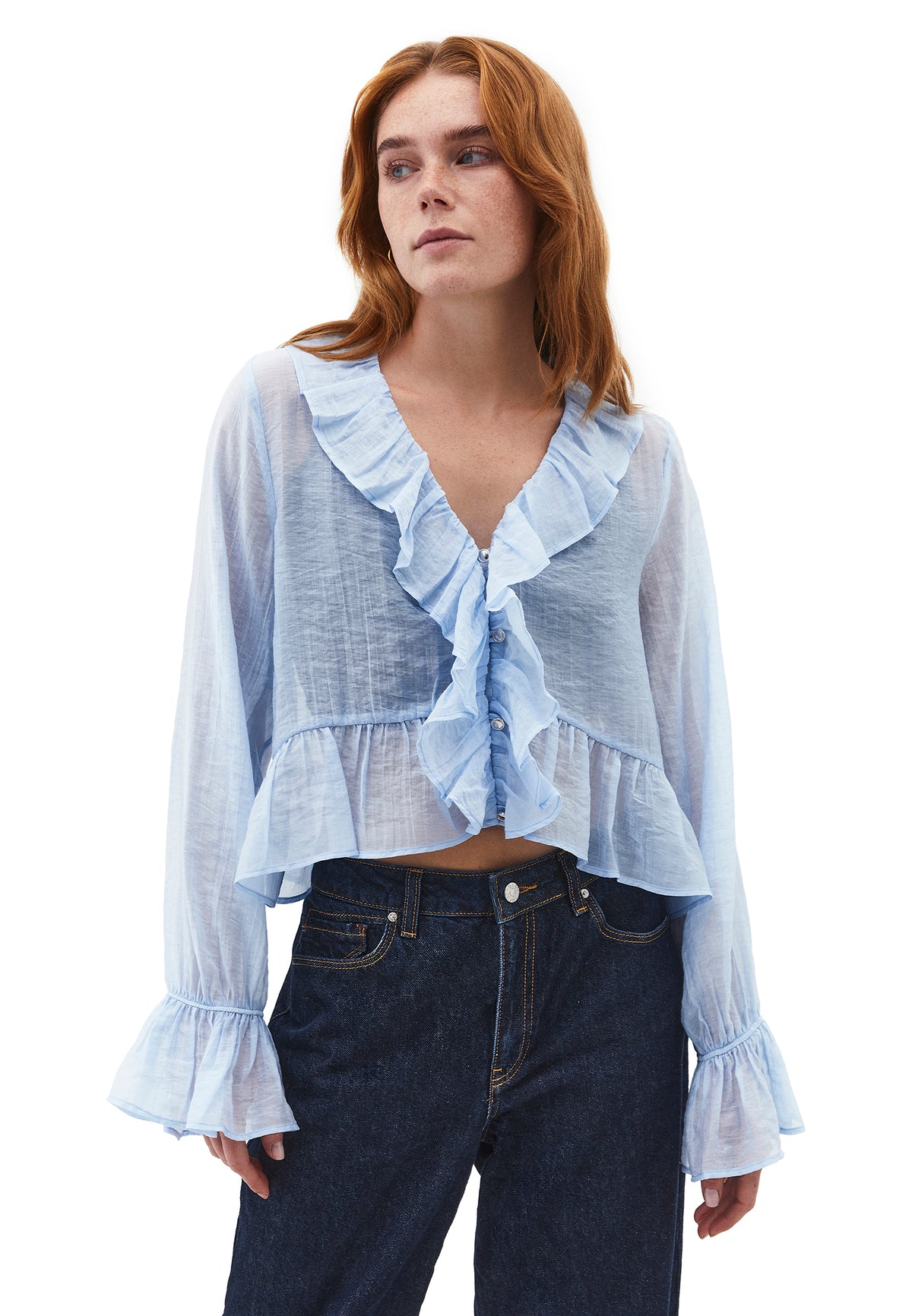 Ruffle Detail Buttoned Blouse - Blue