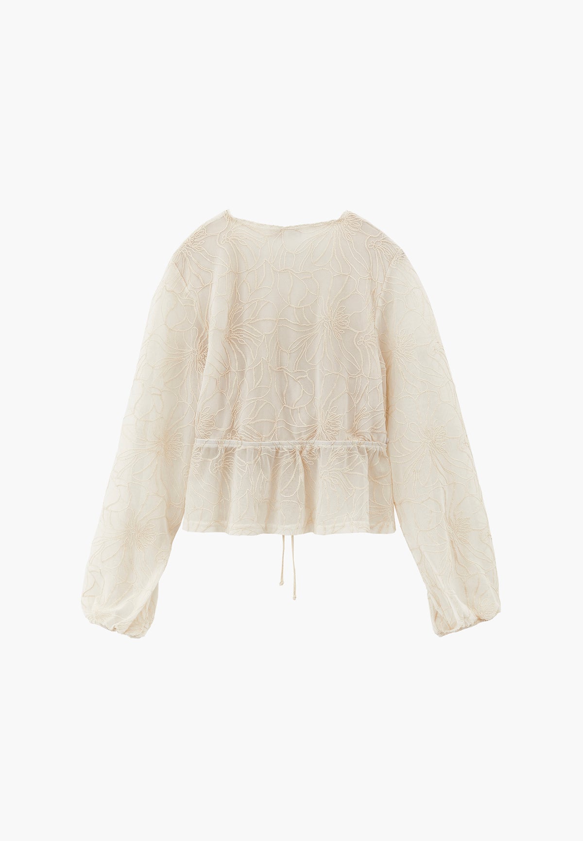 Balloon Sleeve Wrap Neck Embroidered Blouse - NATURAL