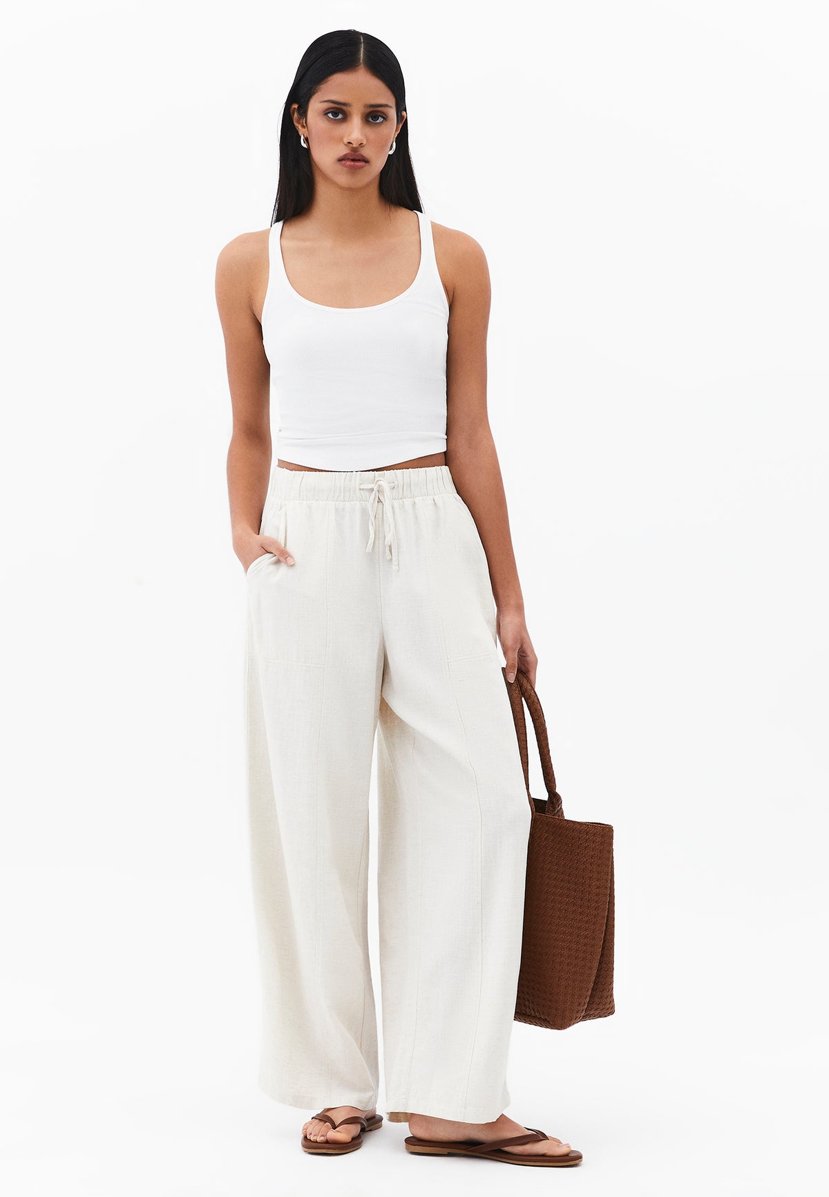 High Waist Barrel Leg Trousers - NATURAL