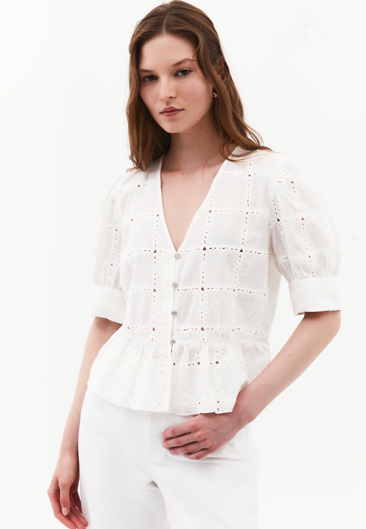 Sleeveless V-Neck Blouse with Embroidery and Ruffle Details - Beige