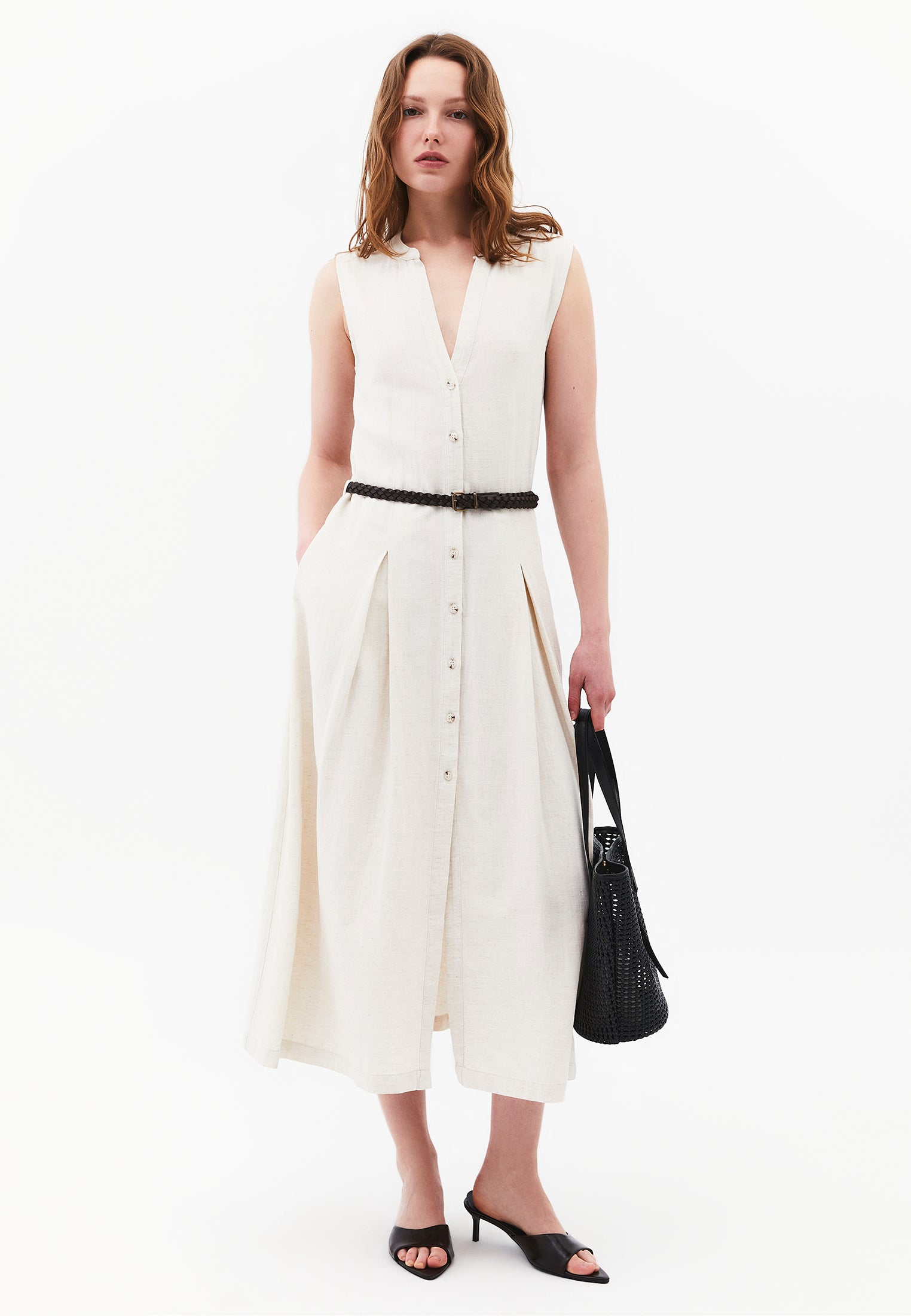 Long A-Line Dress With Belt And Button Details - NATURAL