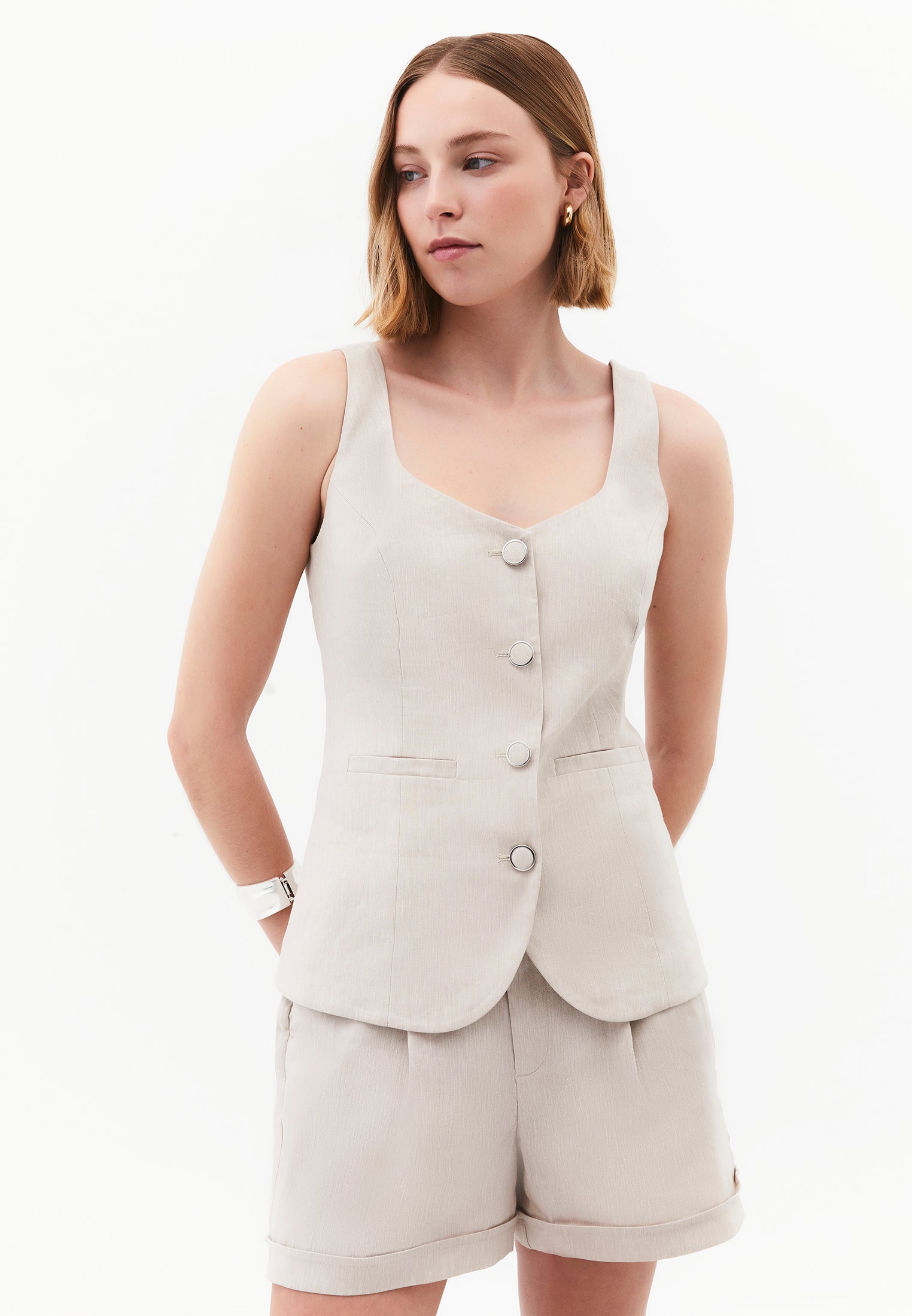 Vest With Button Detail And Sweetheart Neckline - NATURAL