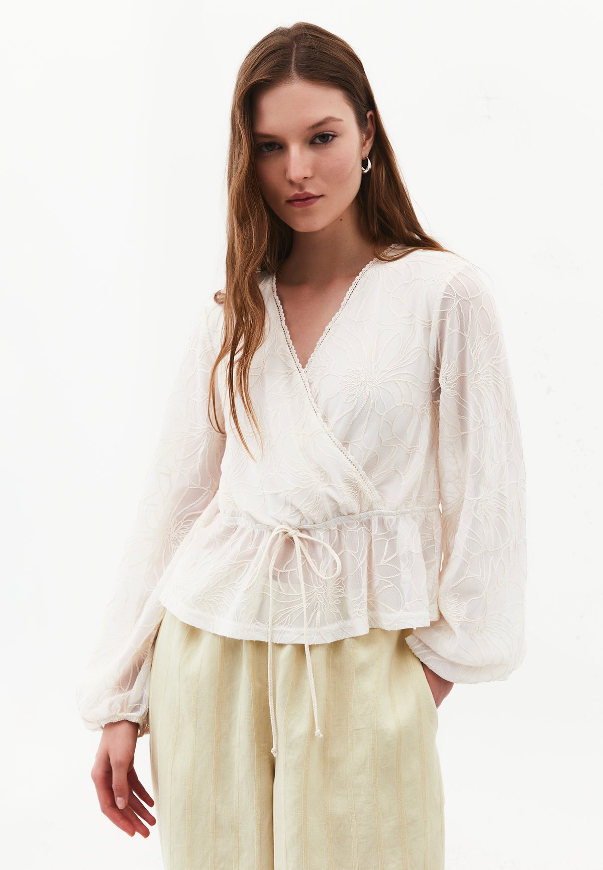 Balloon Sleeve Wrap Neck Embroidered Blouse - NATURAL