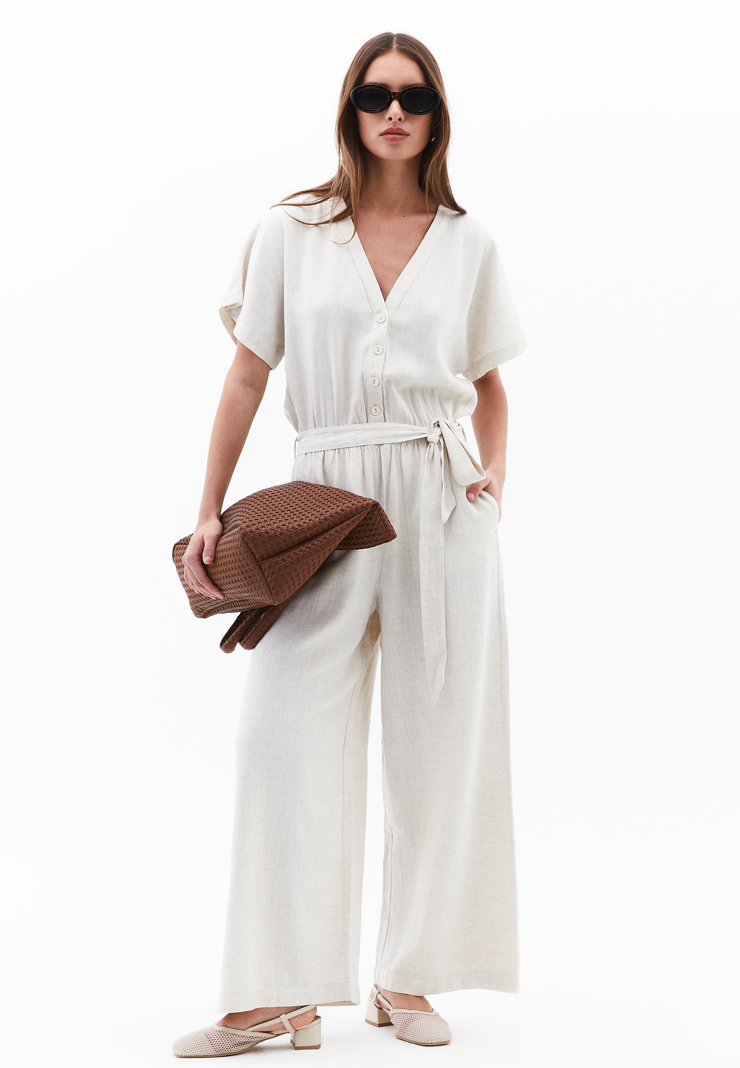 Belted Wide Leg Jumpsuit - NATURAL