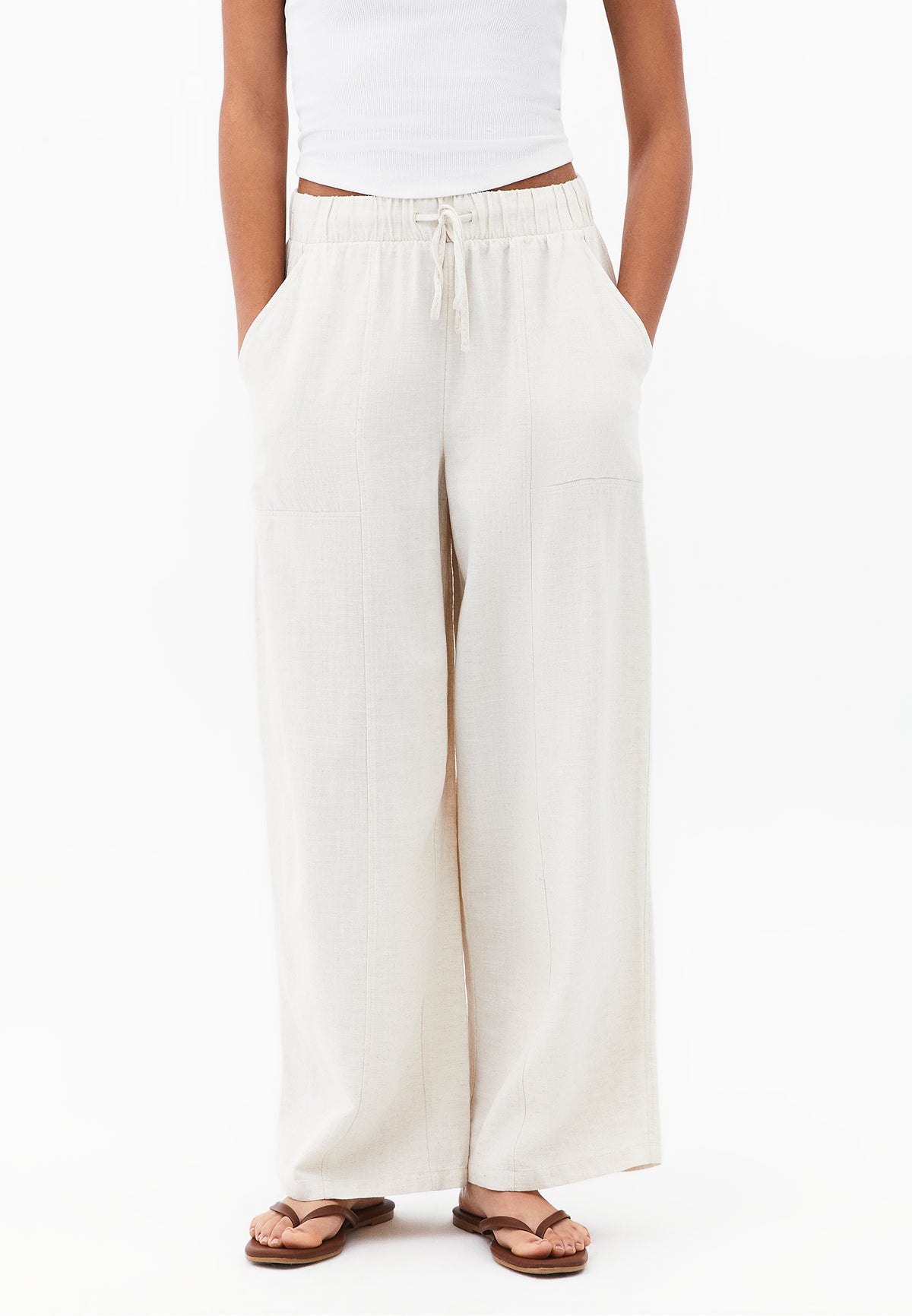 High Waist Barrel Leg Trousers - NATURAL