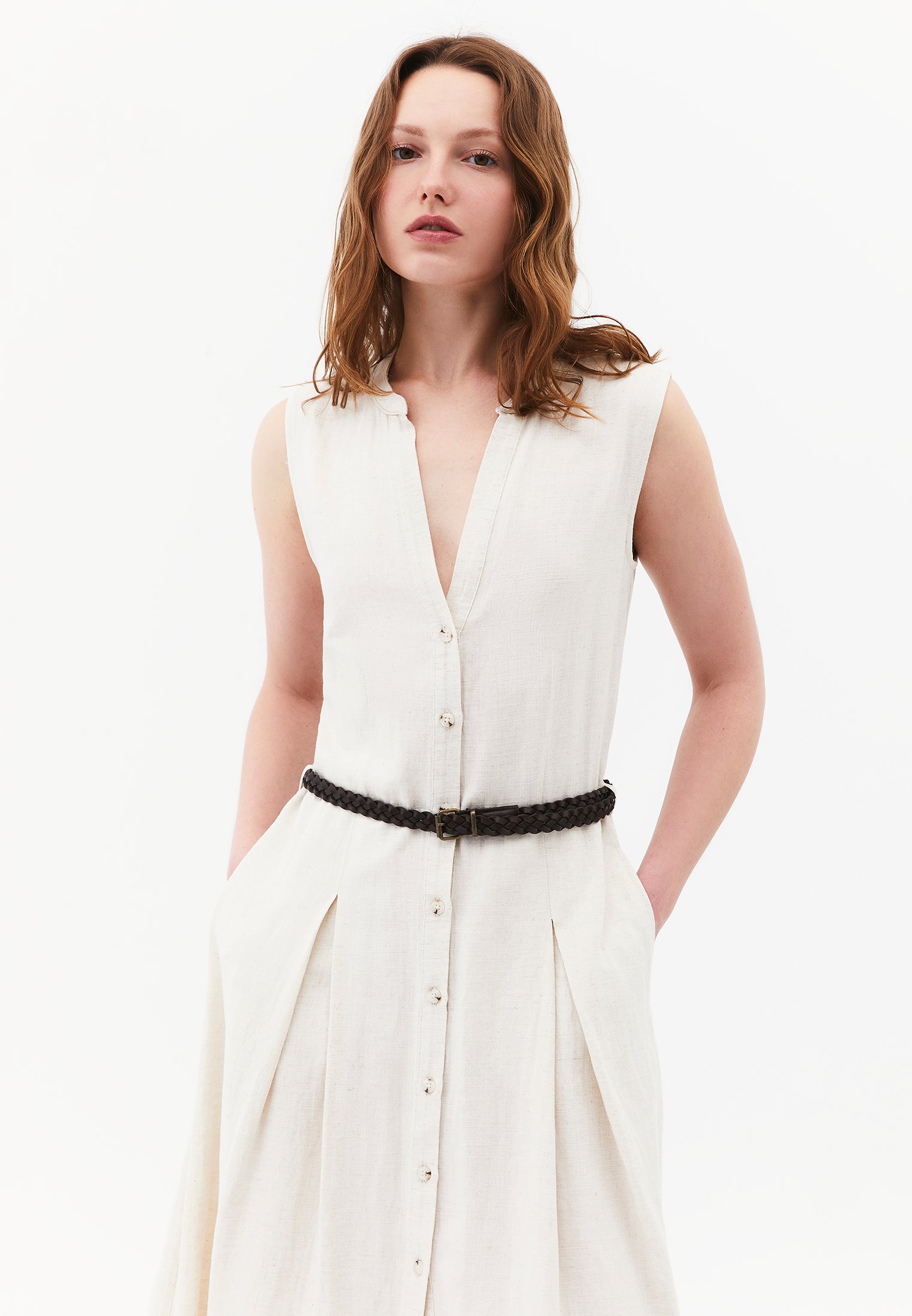 Long A-Line Dress With Belt And Button Details - NATURAL