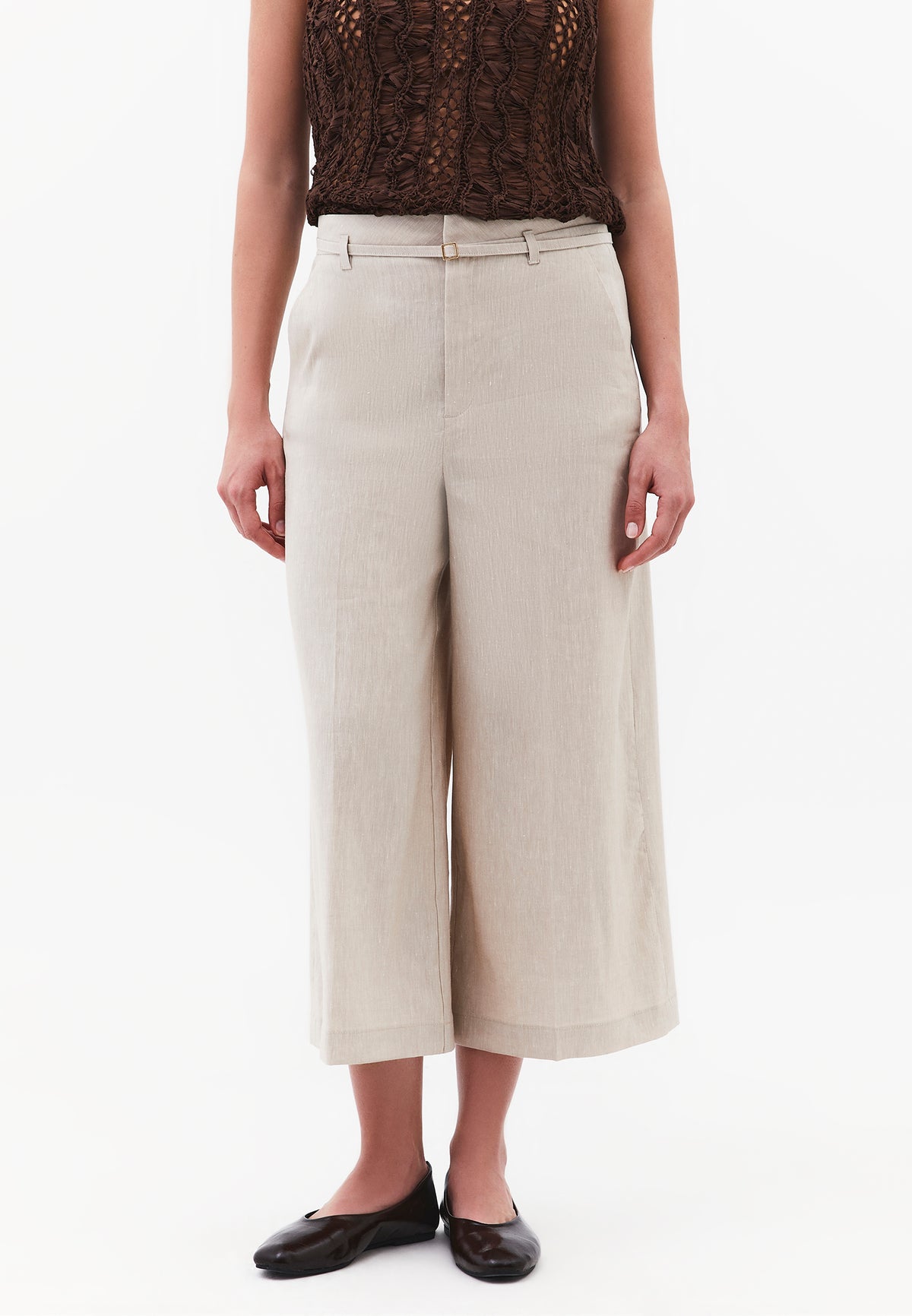 High Waist Wide Leg Belted Pants - NATURAL