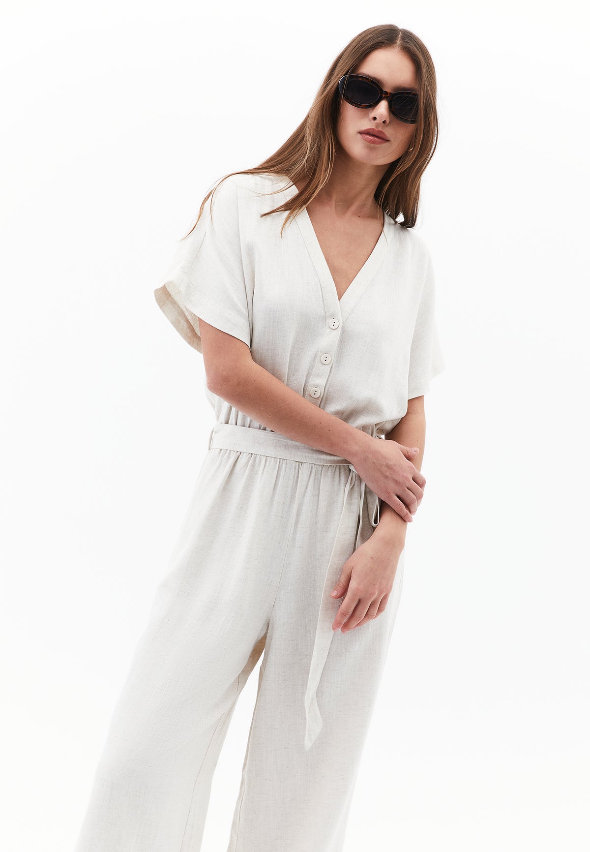 Belted V Neck Wide Leg Jumpsuit - Beige