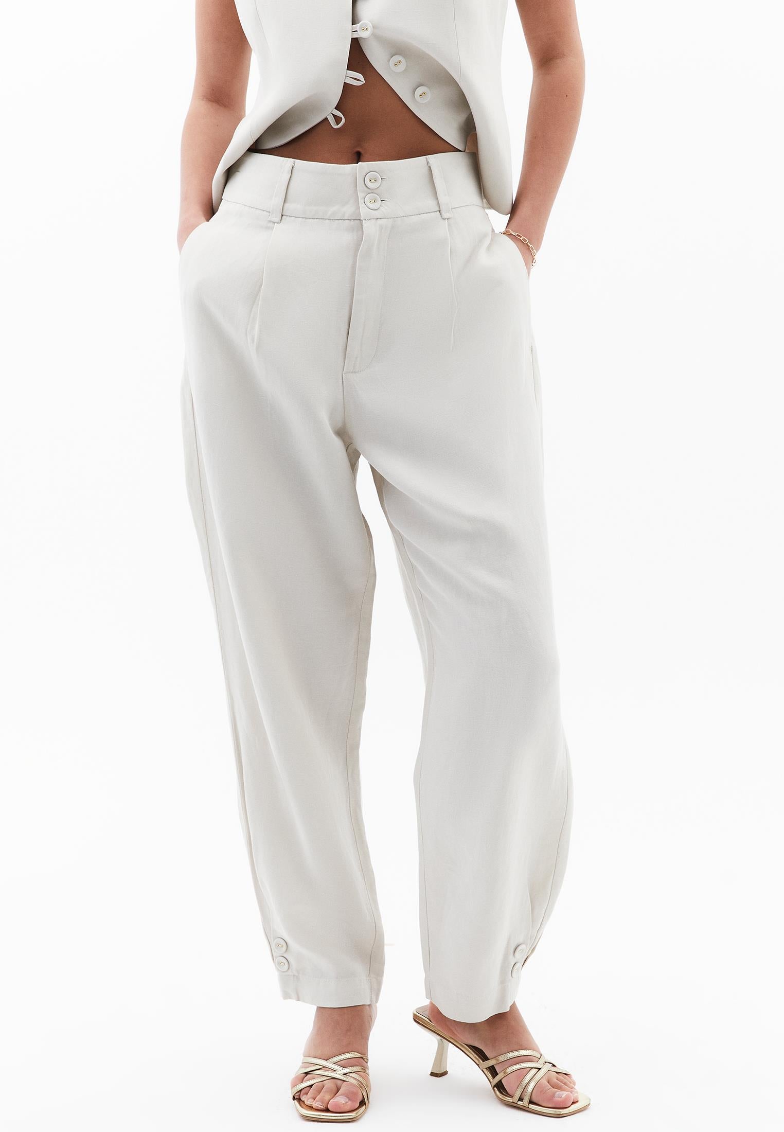Balloon Form Trousers With Button Details - NATURAL
