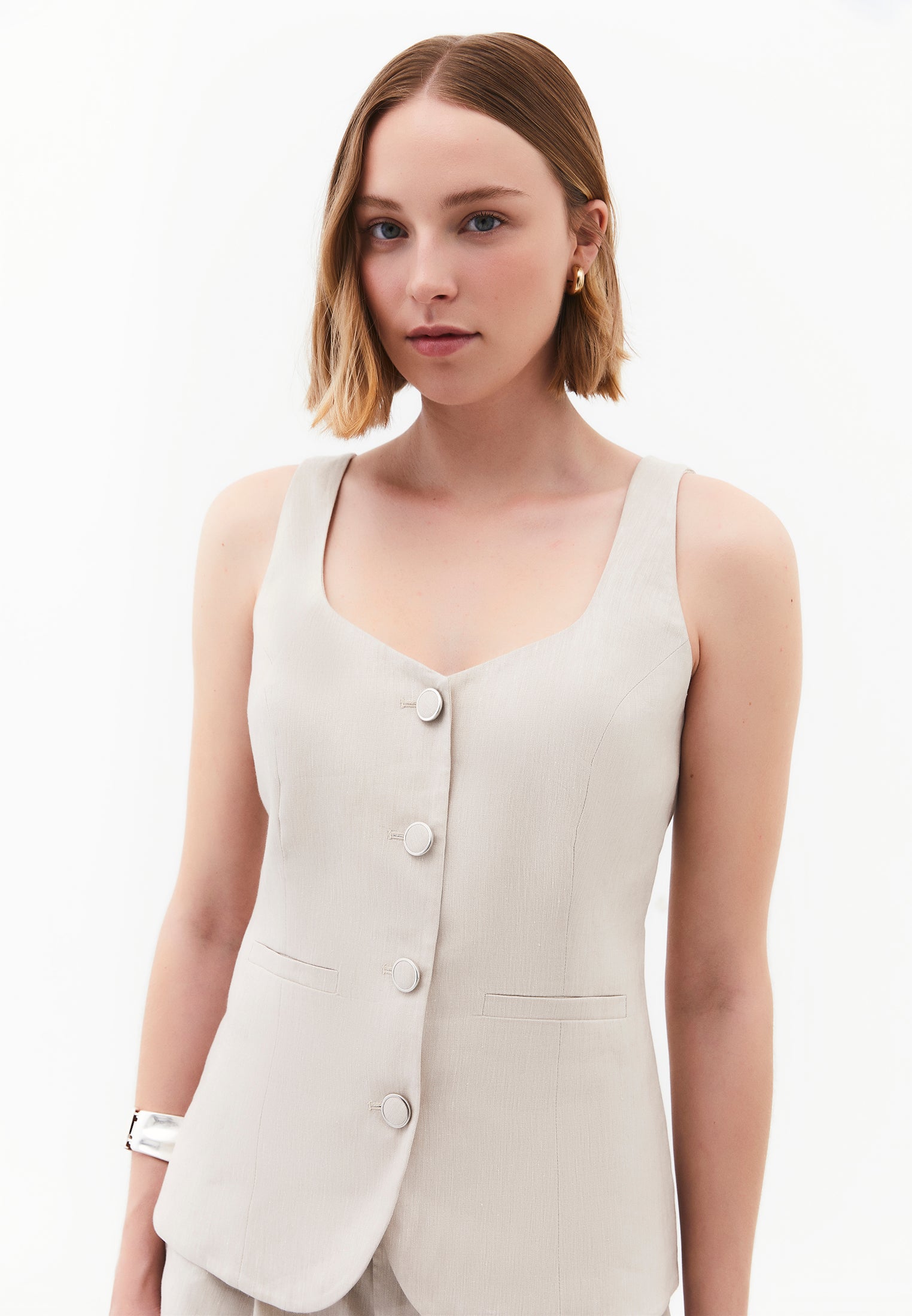 Vest With Button Detail And Sweetheart Neckline - NATURAL