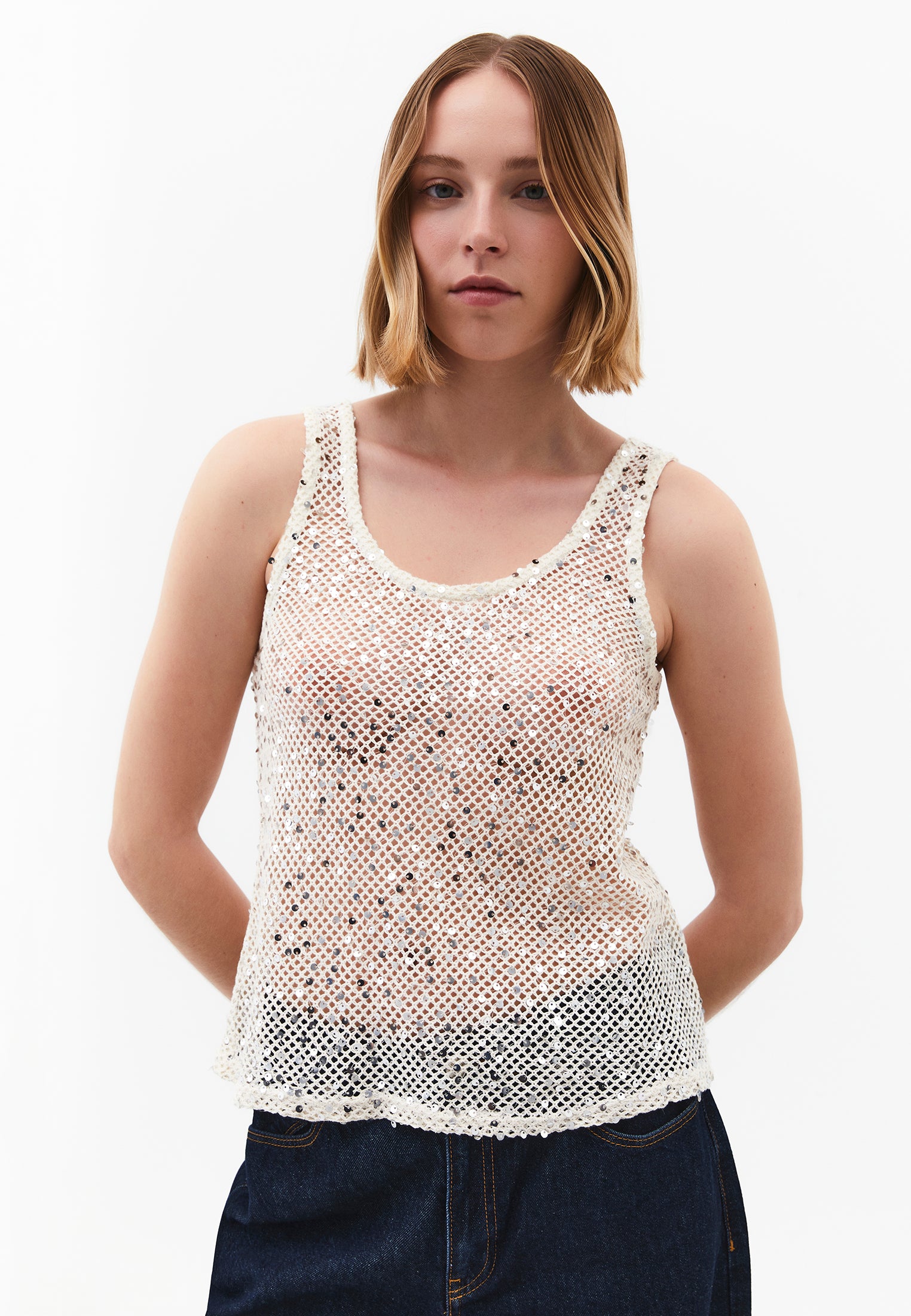 Loose Fit Sleeveless Blouse U Neck - NATURAL