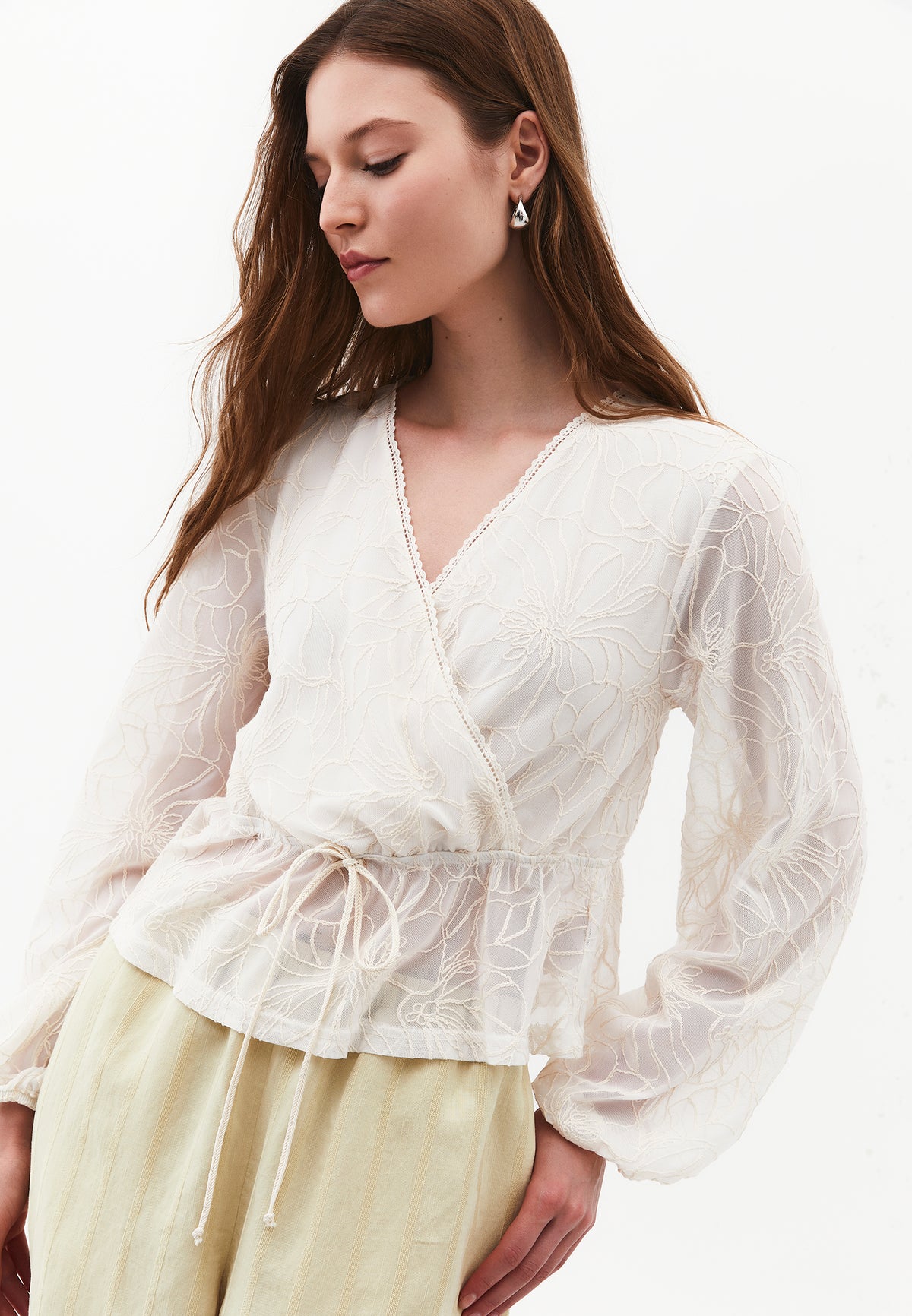 Balloon Sleeve Wrap Neck Embroidered Blouse - NATURAL