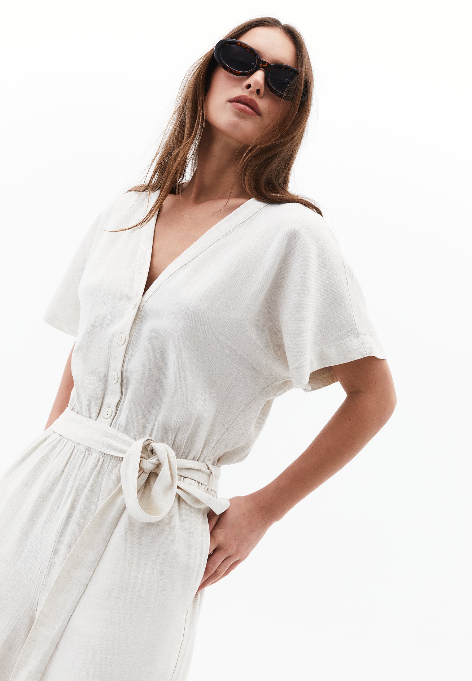 Belted Wide Leg Jumpsuit - NATURAL