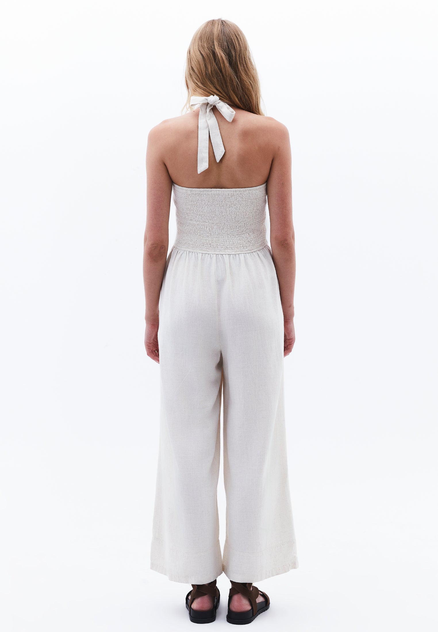 Long Linen Jumpsuit With Gipe Pocket Detail - NATURAL