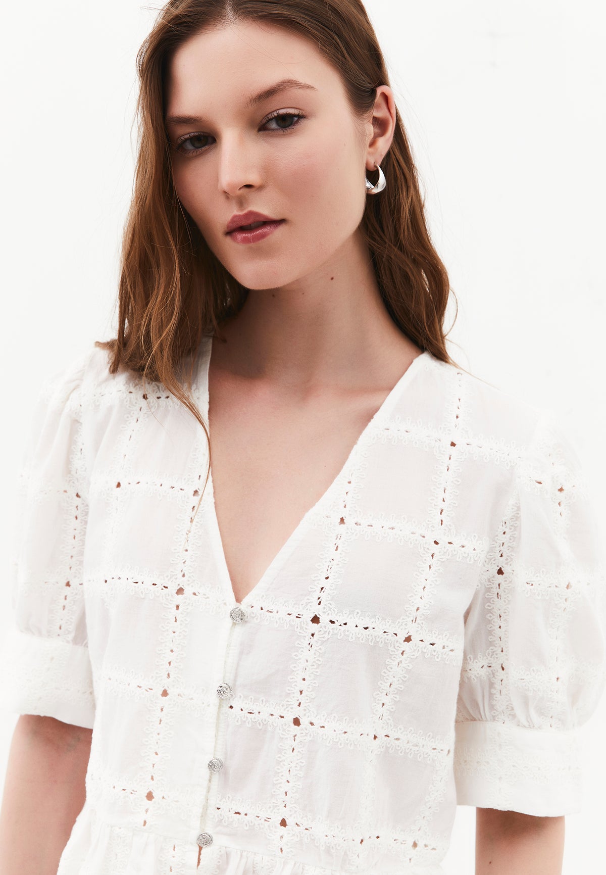 Sleeveless V-Neck Blouse with Embroidery and Ruffle Details - Beige