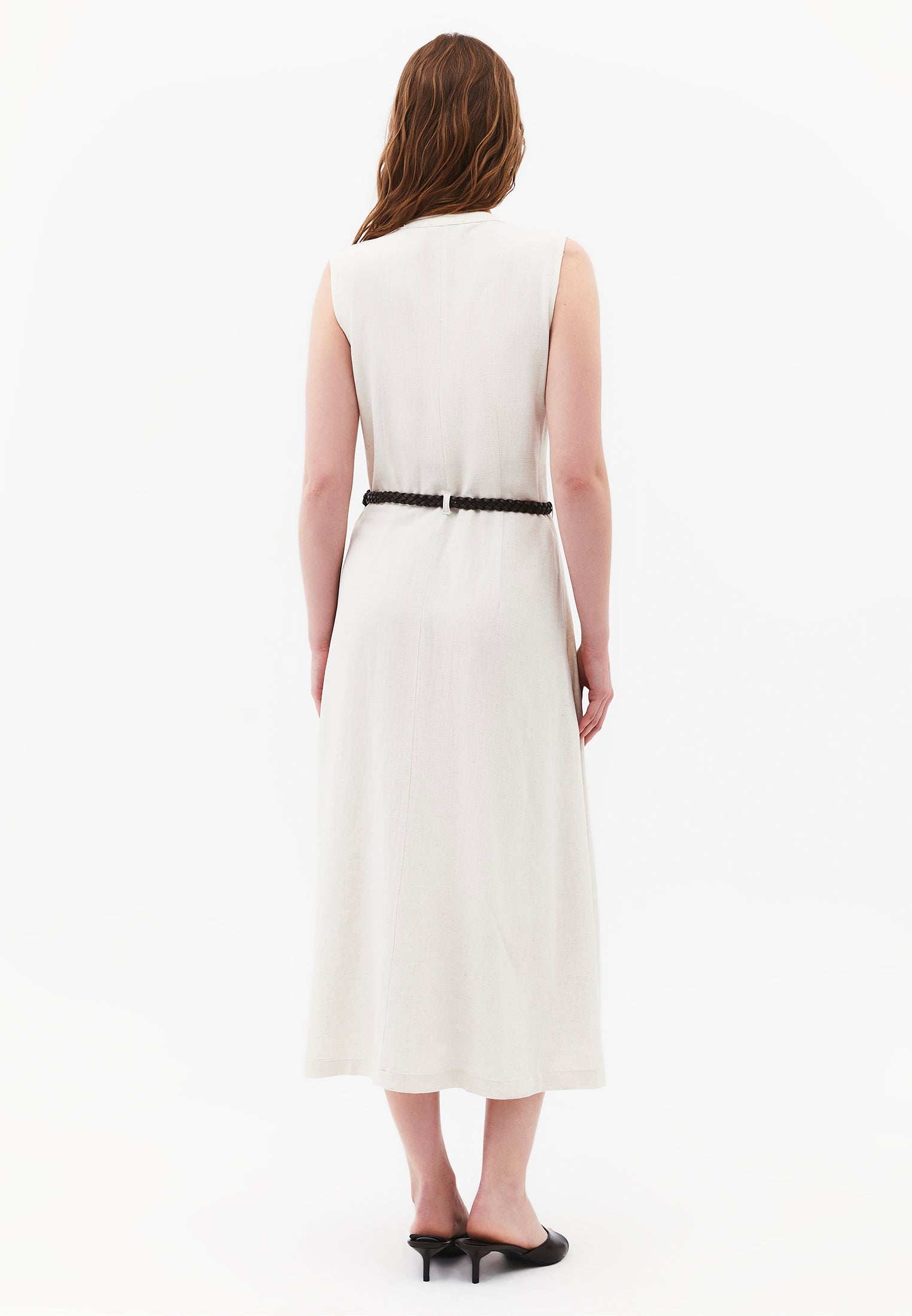 Long A-Line Dress With Belt And Button Details - NATURAL