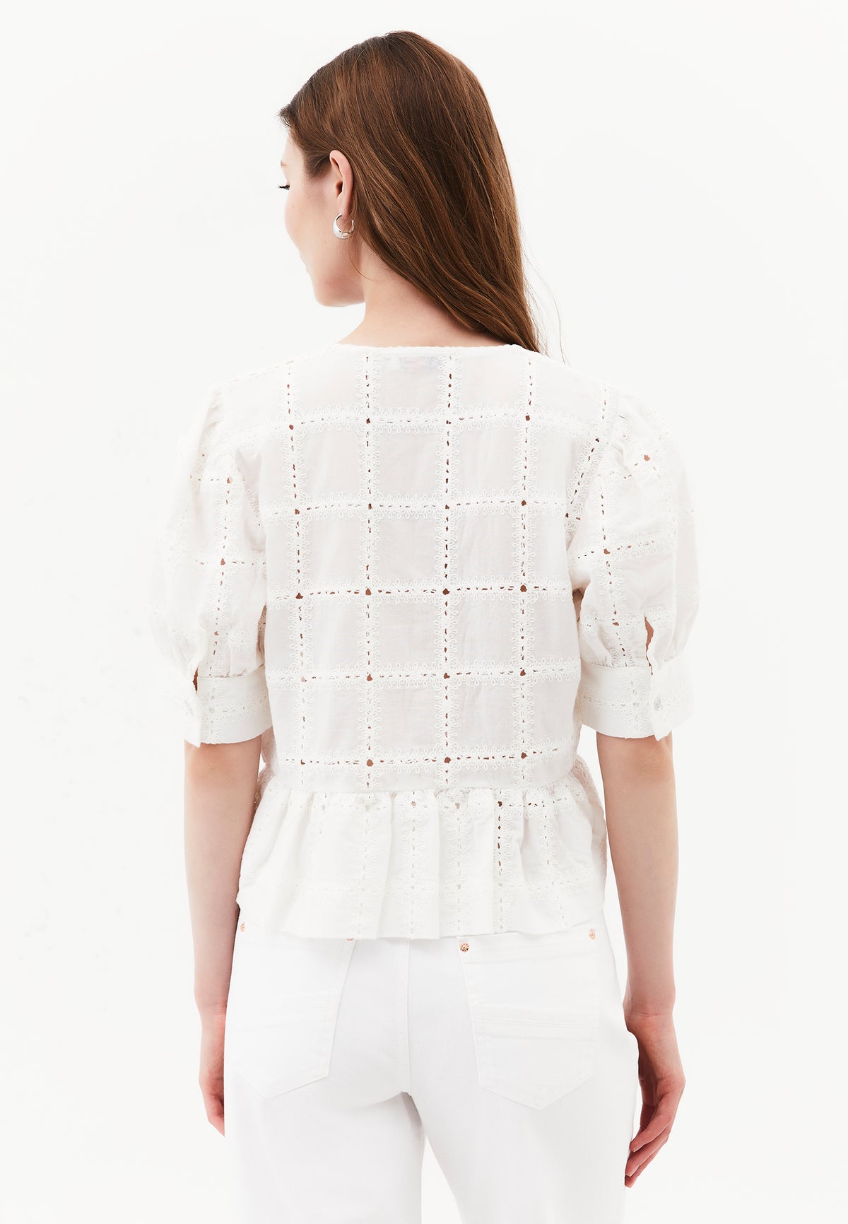Sleeveless V-Neck Blouse with Embroidery and Ruffle Details - Beige