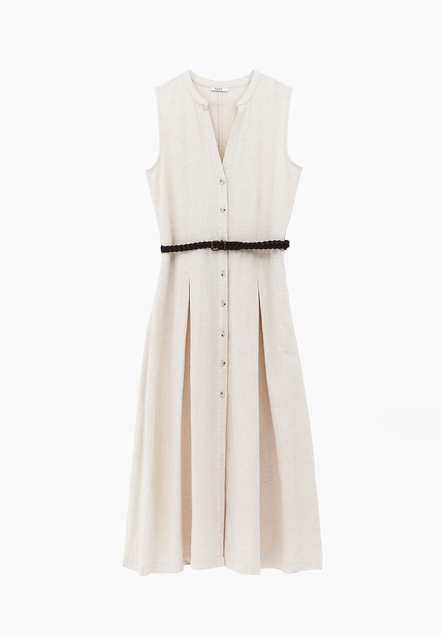 Long A-Line Dress With Belt And Button Details - NATURAL