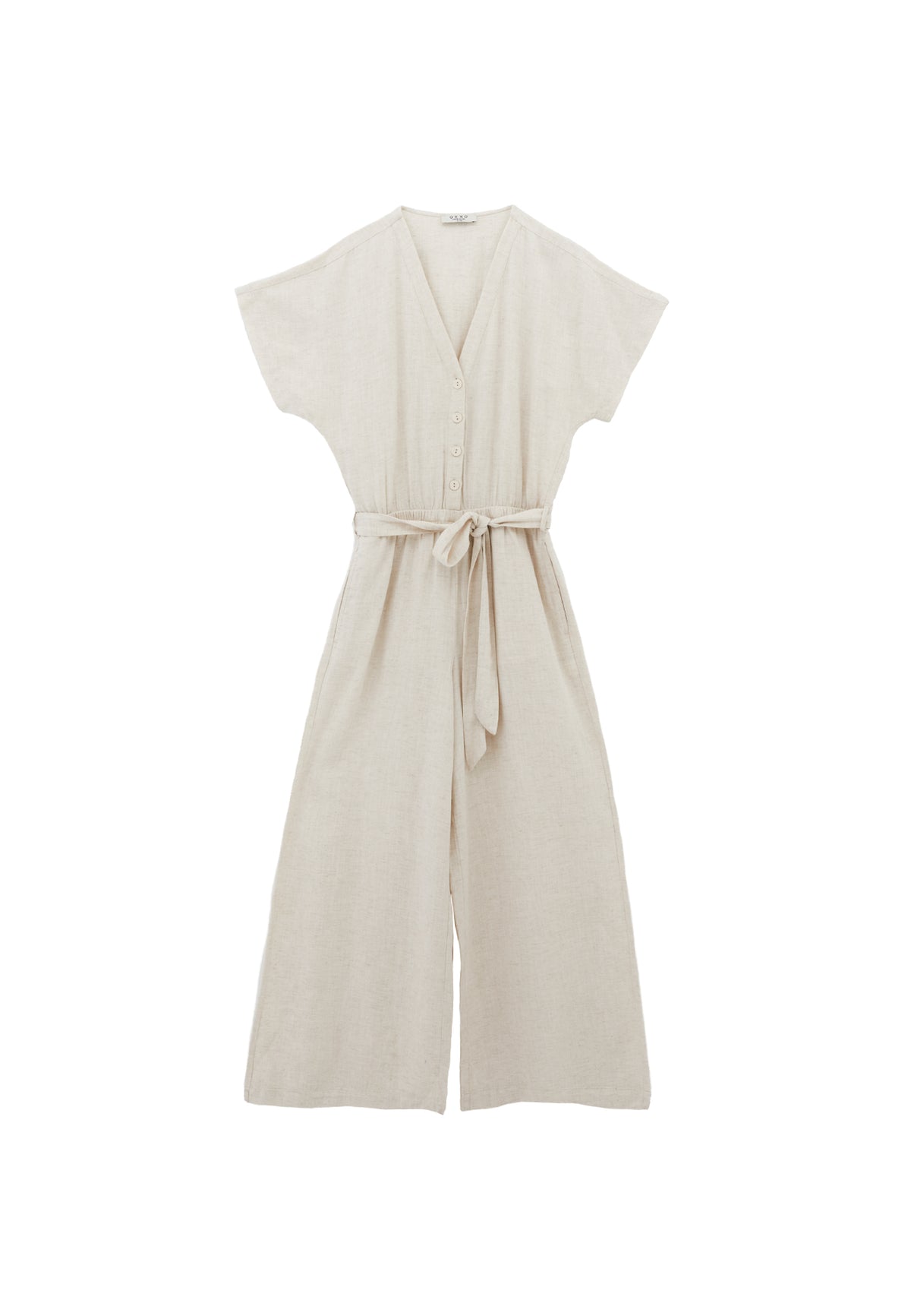 Belted V Neck Wide Leg Jumpsuit - Beige