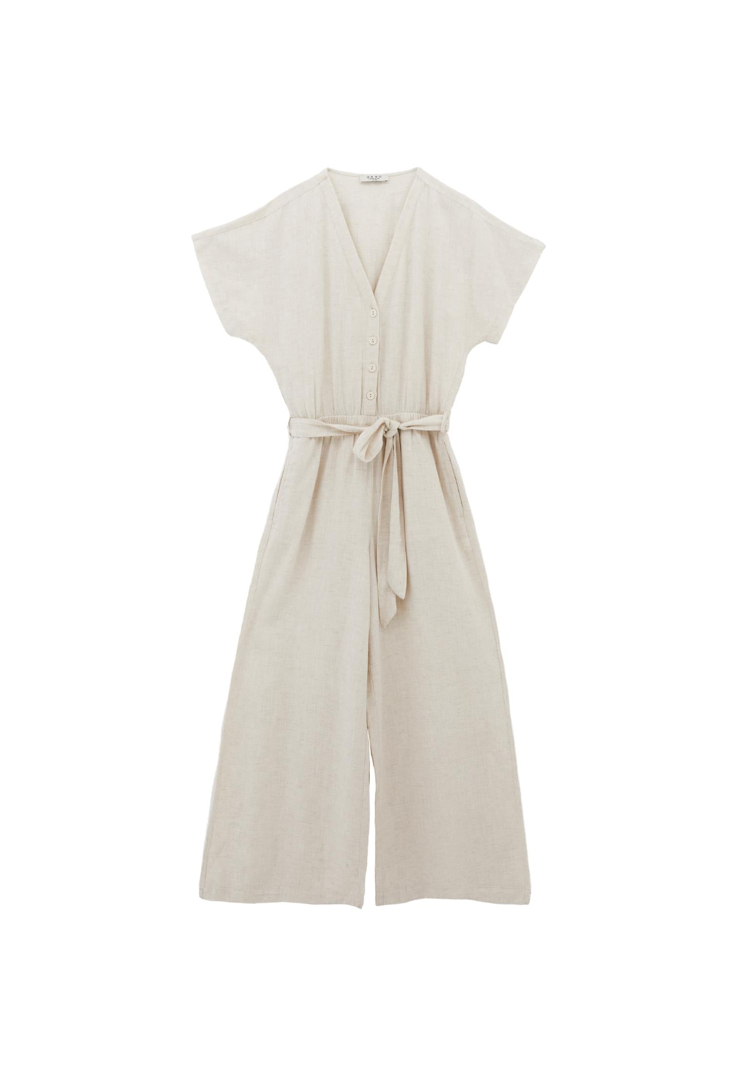 Belted Wide Leg Jumpsuit - NATURAL