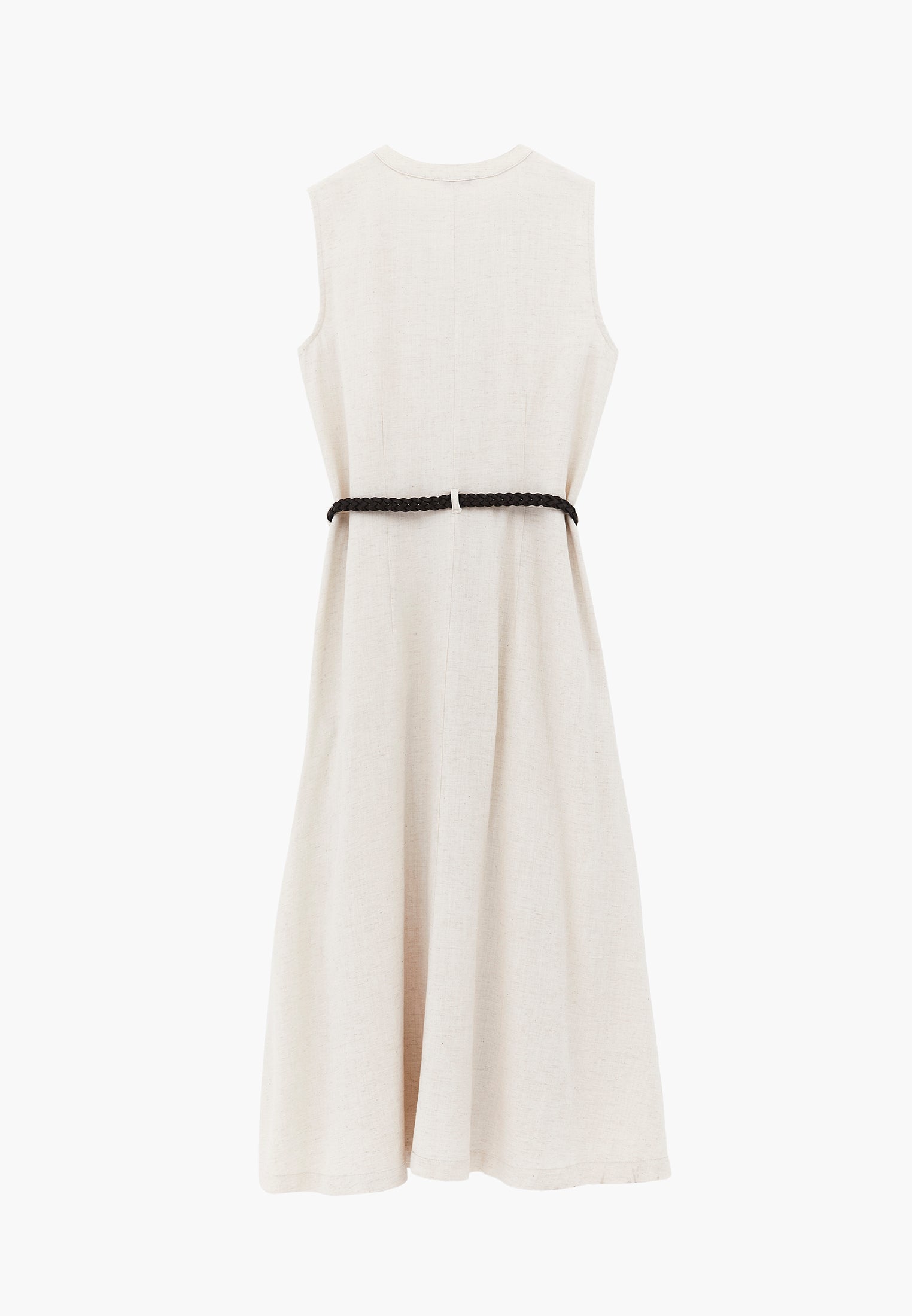 Long A-Line Dress With Belt And Button Details - NATURAL