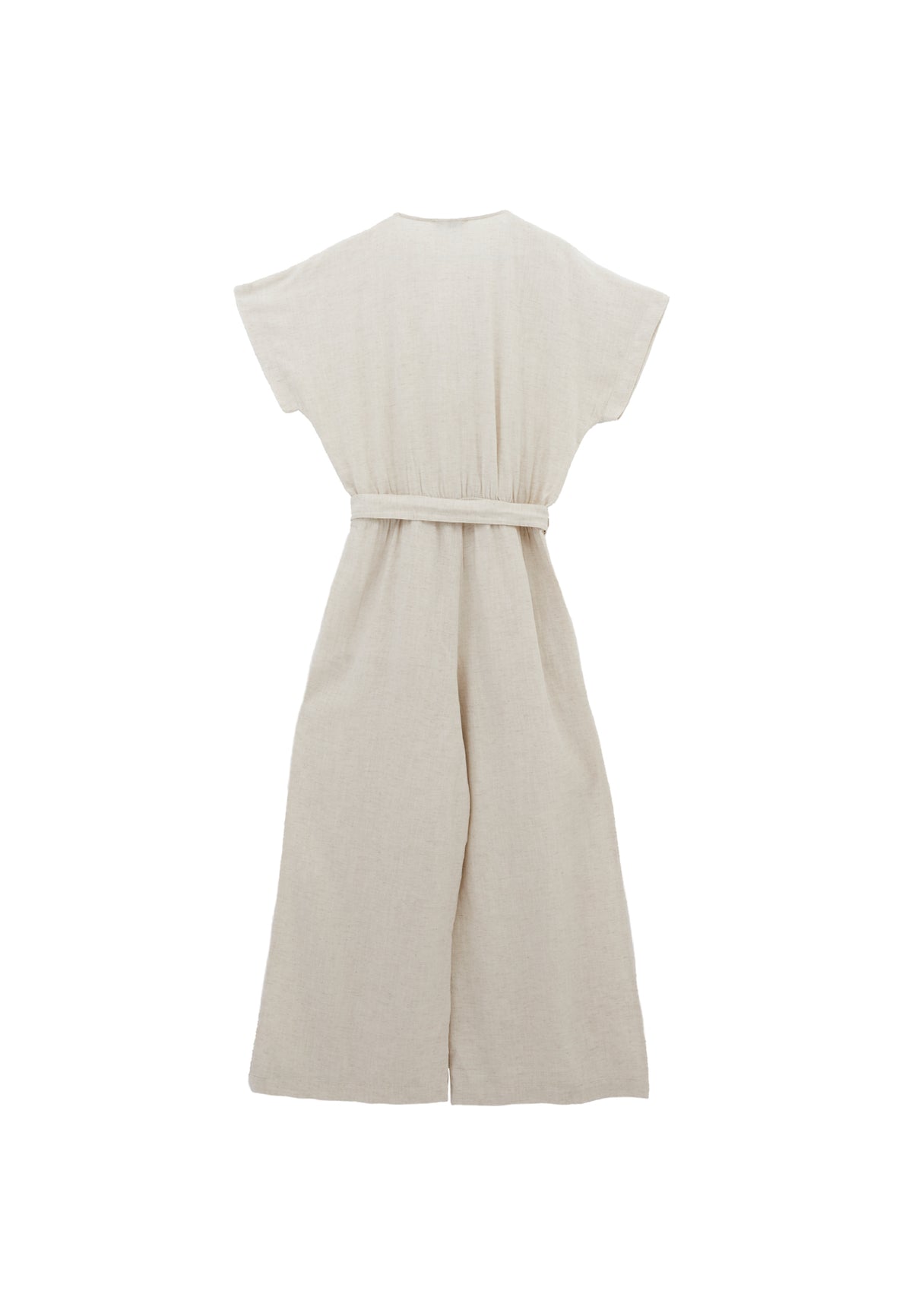 Belted V Neck Wide Leg Jumpsuit - Beige