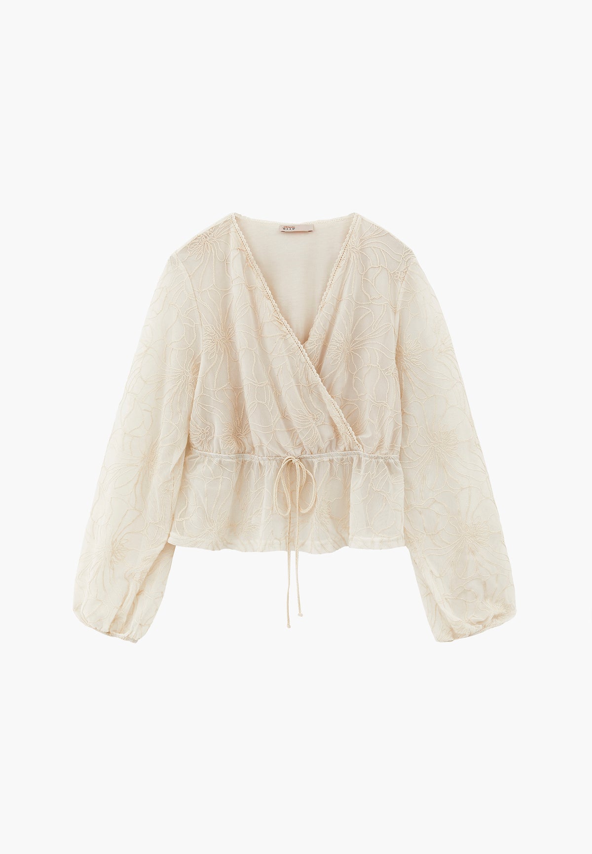 Balloon Sleeve Wrap Neck Embroidered Blouse - NATURAL