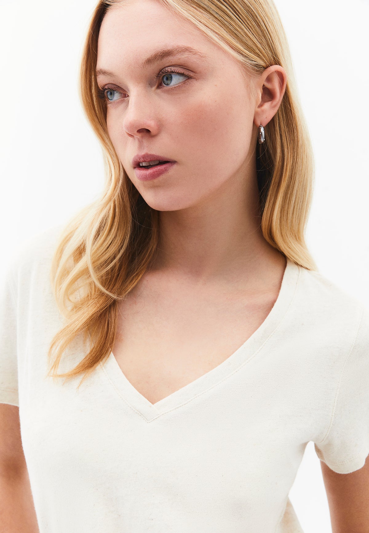 Loose Fit V Neck T-Shirt - Beige